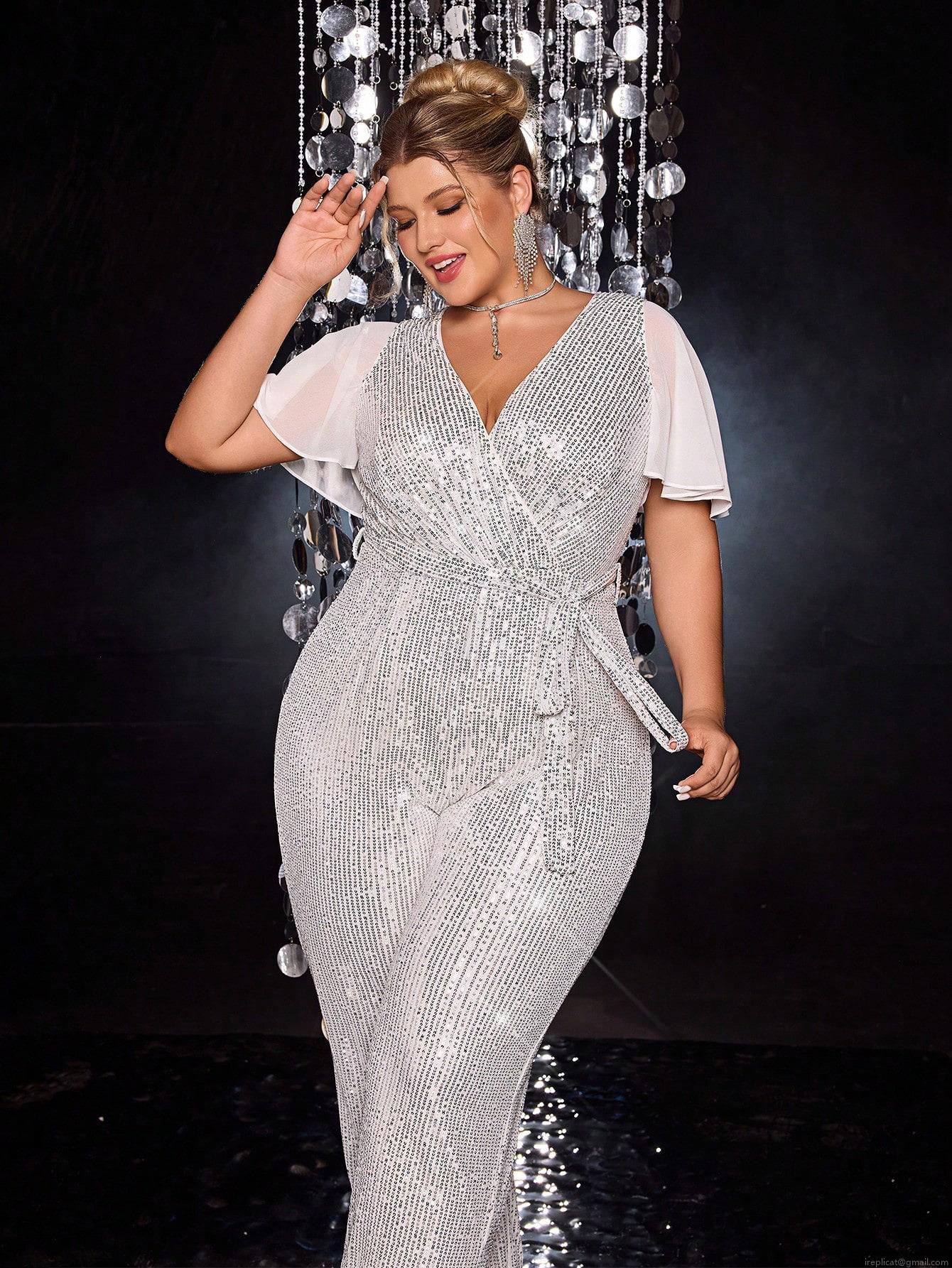 Plus Size Women's Sequin Jumpsuit Elegant V Neck Mesh Patchwork Half Sleeve Flare Sleeve High Waist Wide Leg Bodysuit Party Evening Clubwear White Silver Long Pants