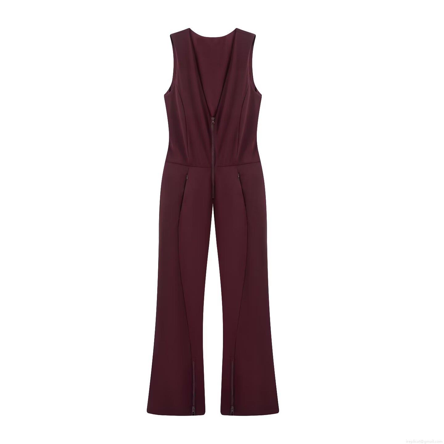 Women's Sleeveless V-Neck Slim Fit Jumpsuit Spandex Elegant Solid Burgundy Front Zipper Wide Leg One Piece Ski Style Fashion Clubwear Romper