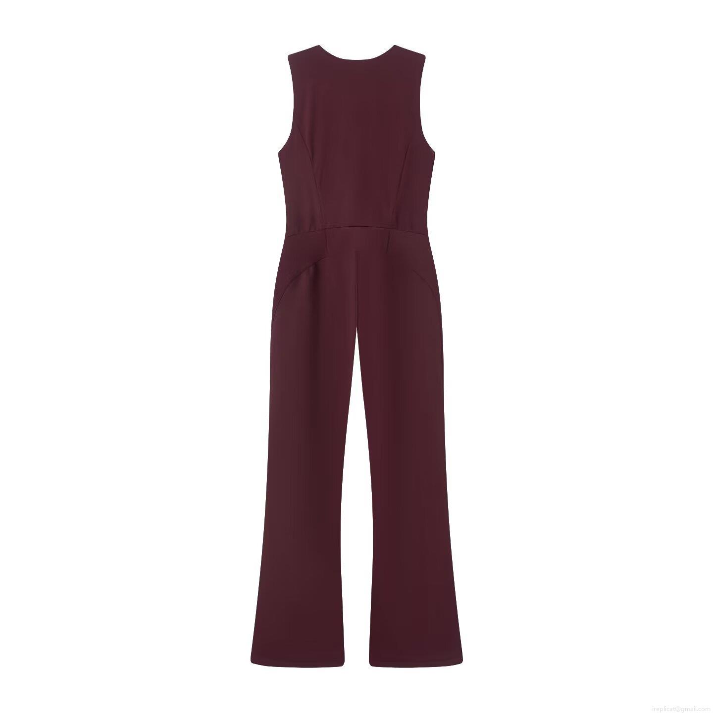 Women's Sleeveless V-Neck Slim Fit Jumpsuit Spandex Elegant Solid Burgundy Front Zipper Wide Leg One Piece Ski Style Fashion Clubwear Romper