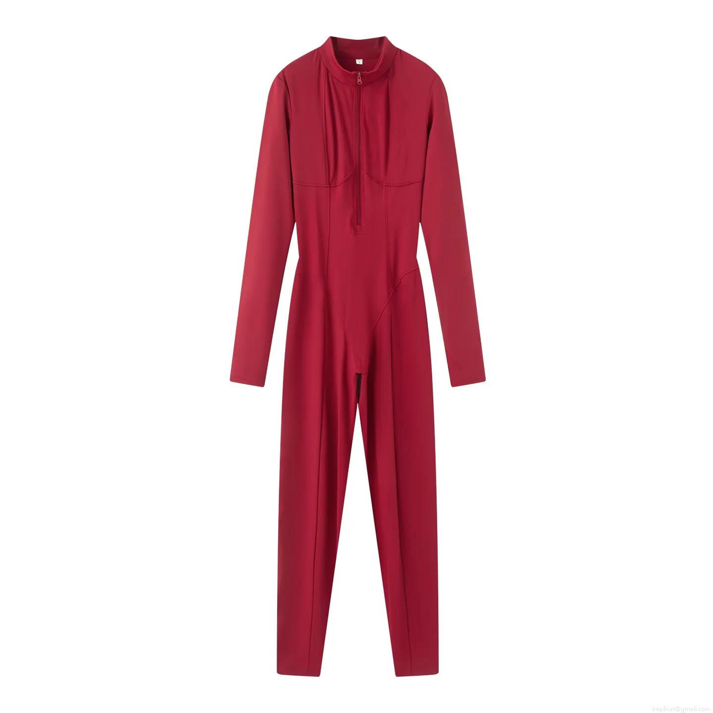 Women's Long Sleeve Jumpsuits Zip Up Mock Neck Bodycon One Piece Sporty Rompers High Elastic Slim Fit Spandex Bodysuit Outfits For Women