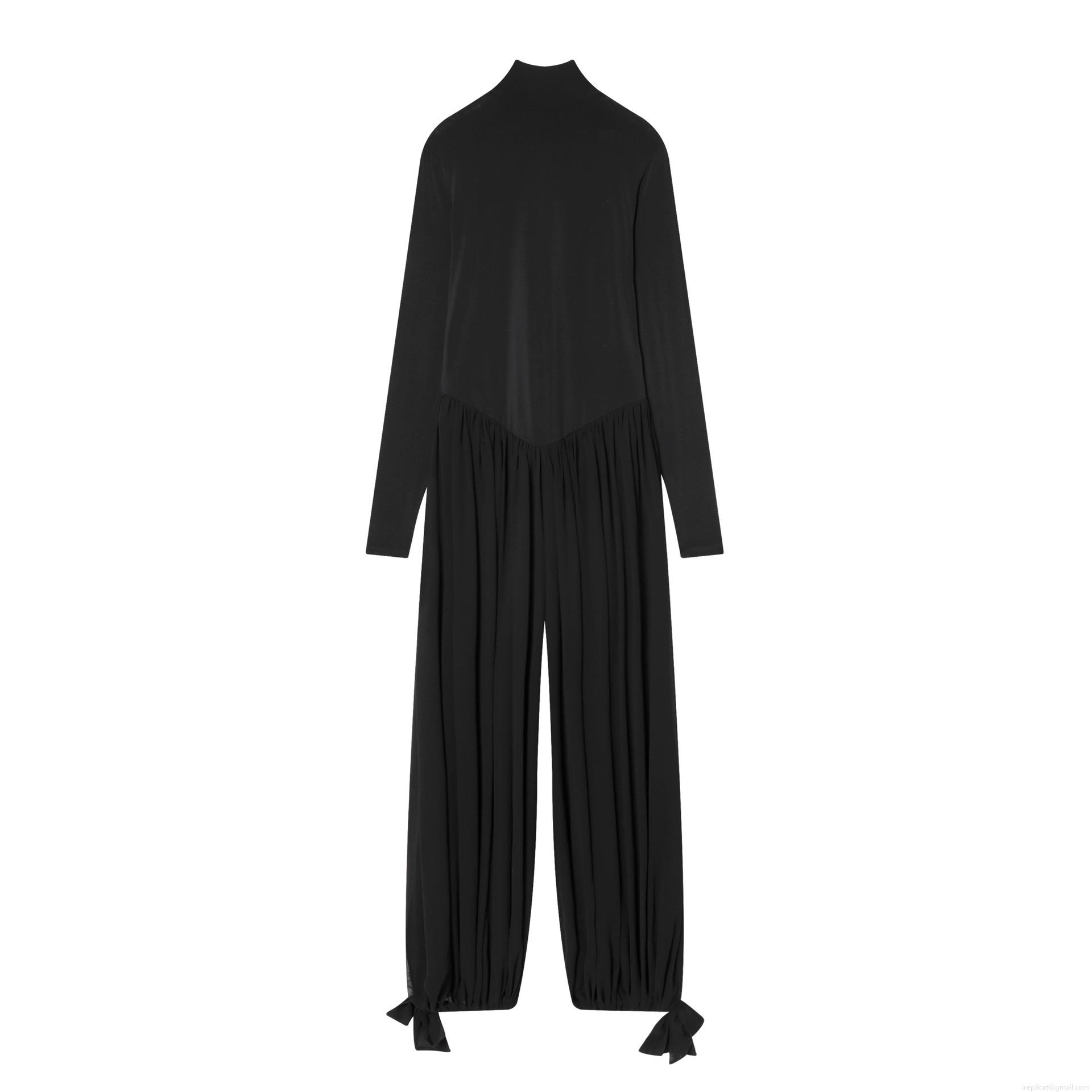 Women Elegant Mock Neck Long Sleeve Jumpsuit Pleated Wide Leg Long Pants With Bow Tie Ankle And Thumb Holes Solid Color Party Jumpsuit For Women