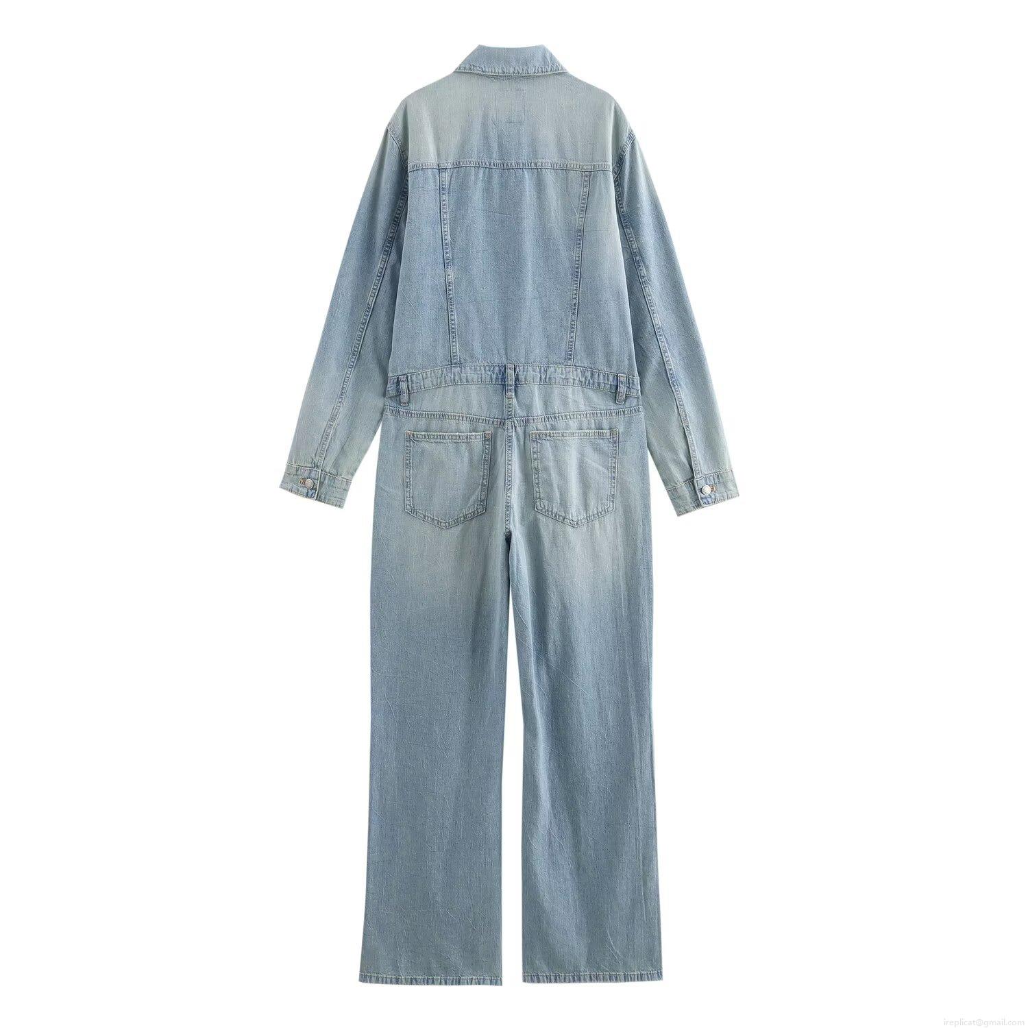 Women's Long Sleeve Denim Jumpsuit Washed Cotton Blend Straight Leg Romper One Piece Casual Streetwear Overalls With Pockets Light Blue
