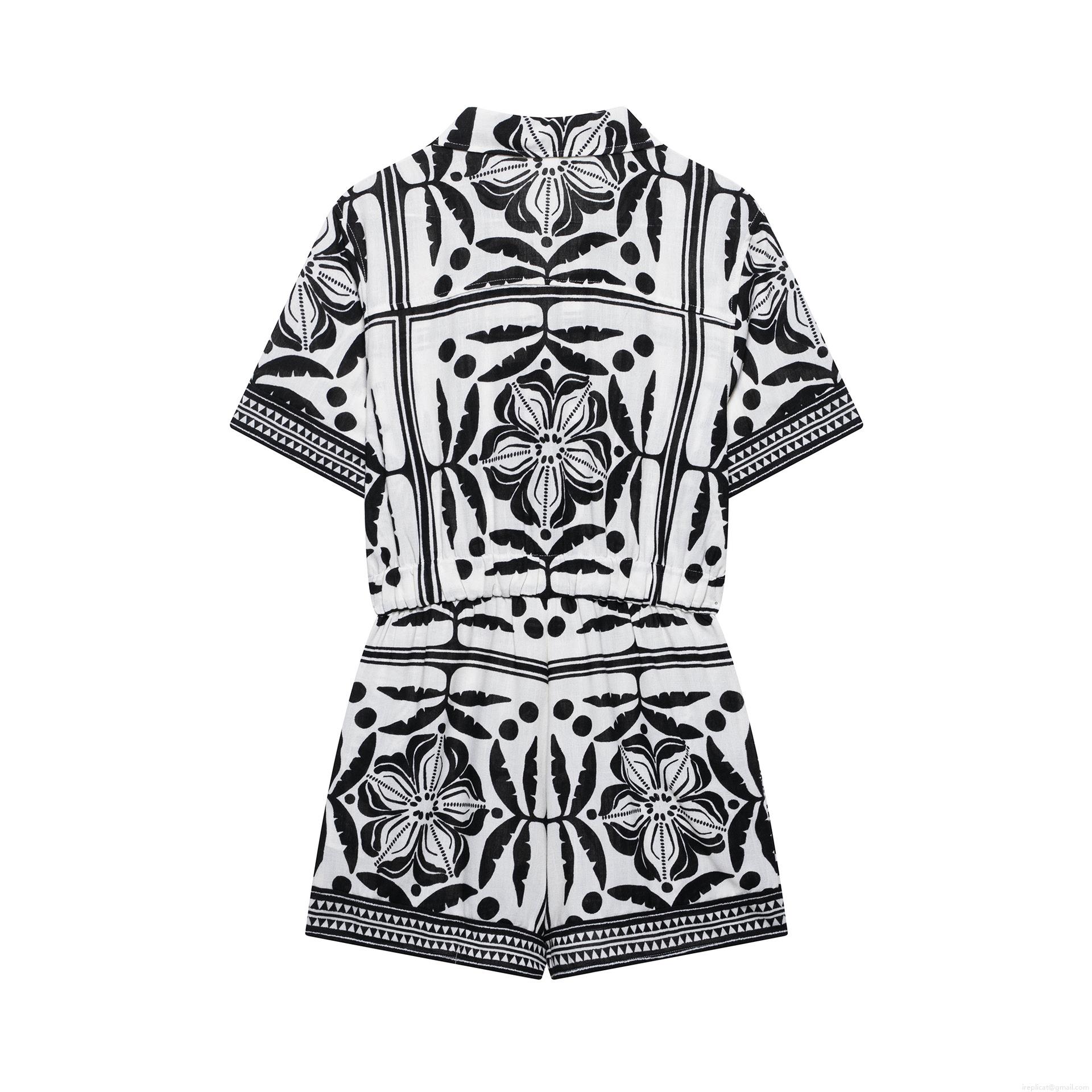 Women's Bohemian Floral Geometric Print Romper Short Sleeve V Neck Button Down Jumpsuit With Elastic Waist Summer Casual Beach Short Playsuit For Women