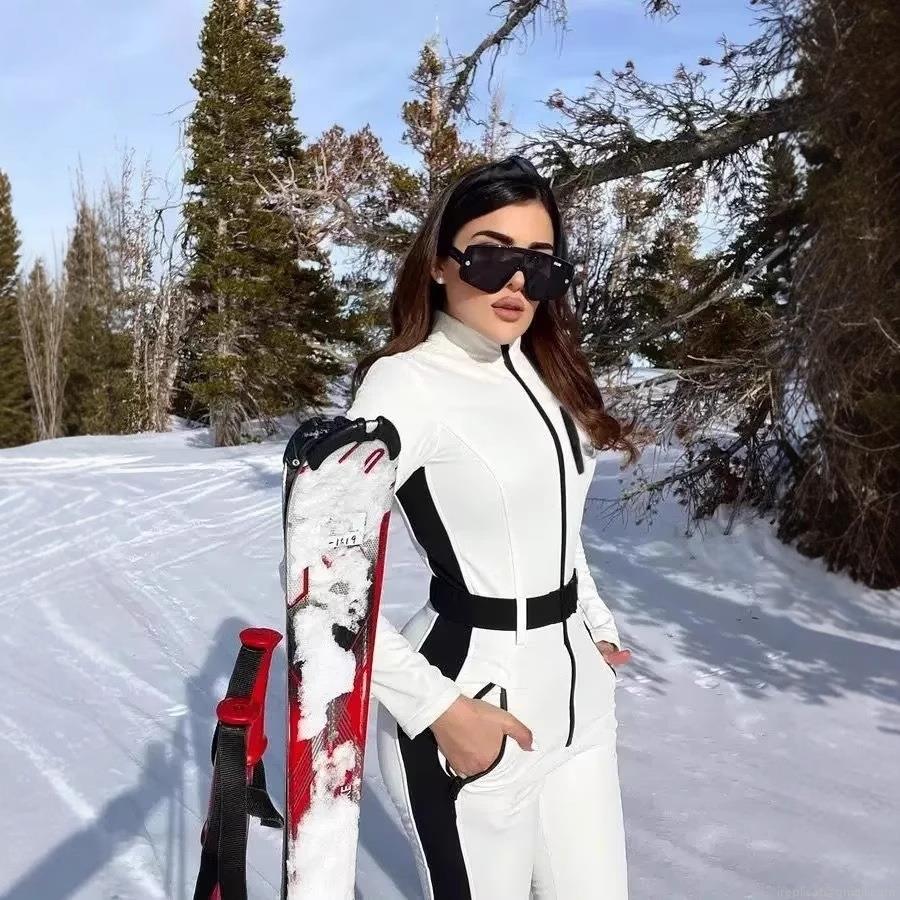Women's Color Block One Piece Ski Suit Waterproof Windproof Slim Fit Jumpsuit With Belt Outdoor Winter Sportswear Snowsuit