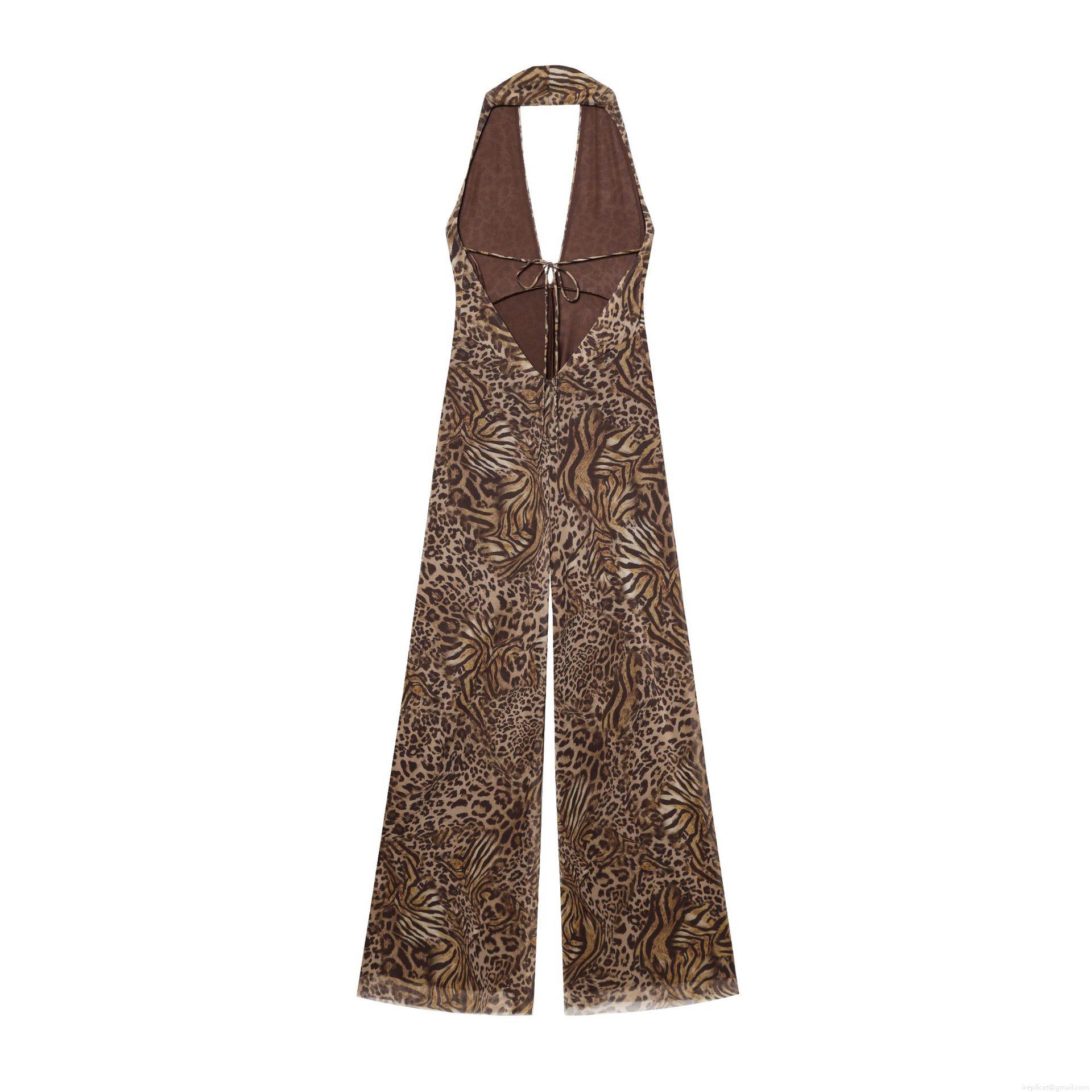 Sexy Women Leopard Print Halter Jumpsuit Sleeveless Mesh Polyester Cotton Blend V Neck Wide Leg Straight Long Romper Party Clubwear