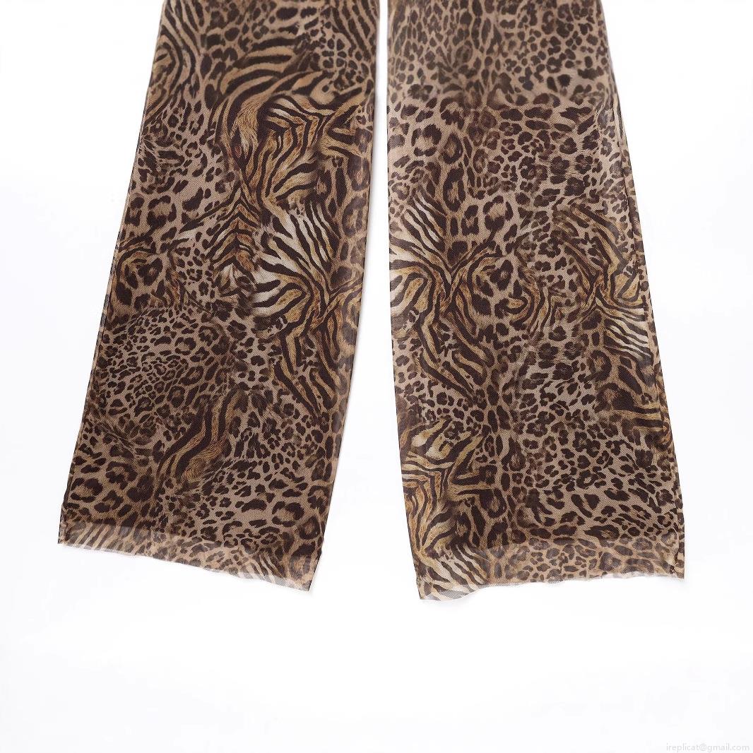 Sexy Women Leopard Print Halter Jumpsuit Sleeveless Mesh Polyester Cotton Blend V Neck Wide Leg Straight Long Romper Party Clubwear