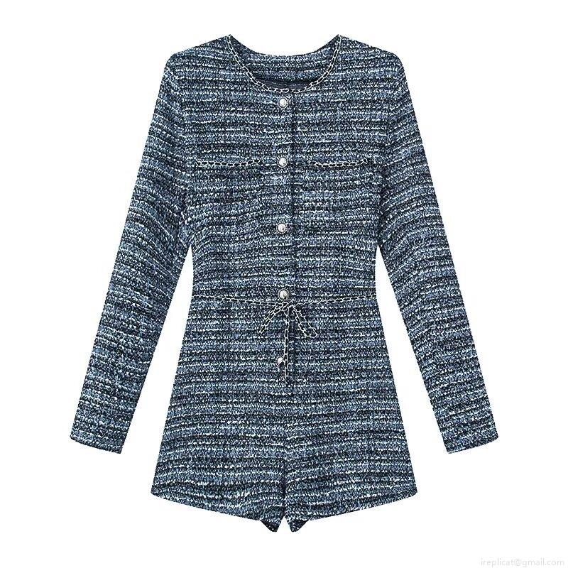 Women Elegant French Tweed Long Sleeve Romper With Metal Buttons And Chain Belt Slim Fit Socialite Style Short Jumpsuit One Piece Playsuit