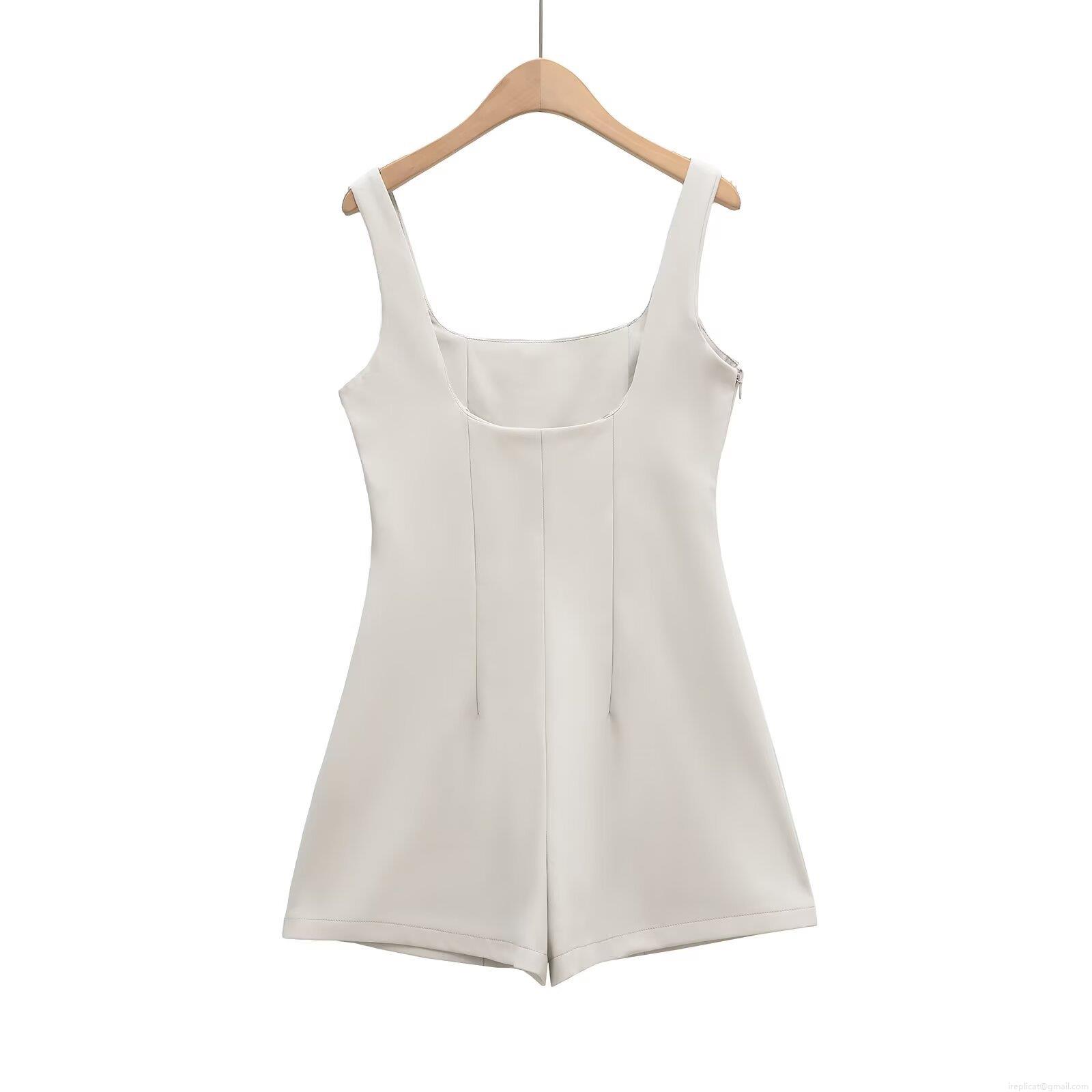 Women's Elegant White Sleeveless Romper Square Neck Slim Fit Woven Polyester One-Piece Shorts With Pockets Summer Fashion Party Ladies Casual Outfits