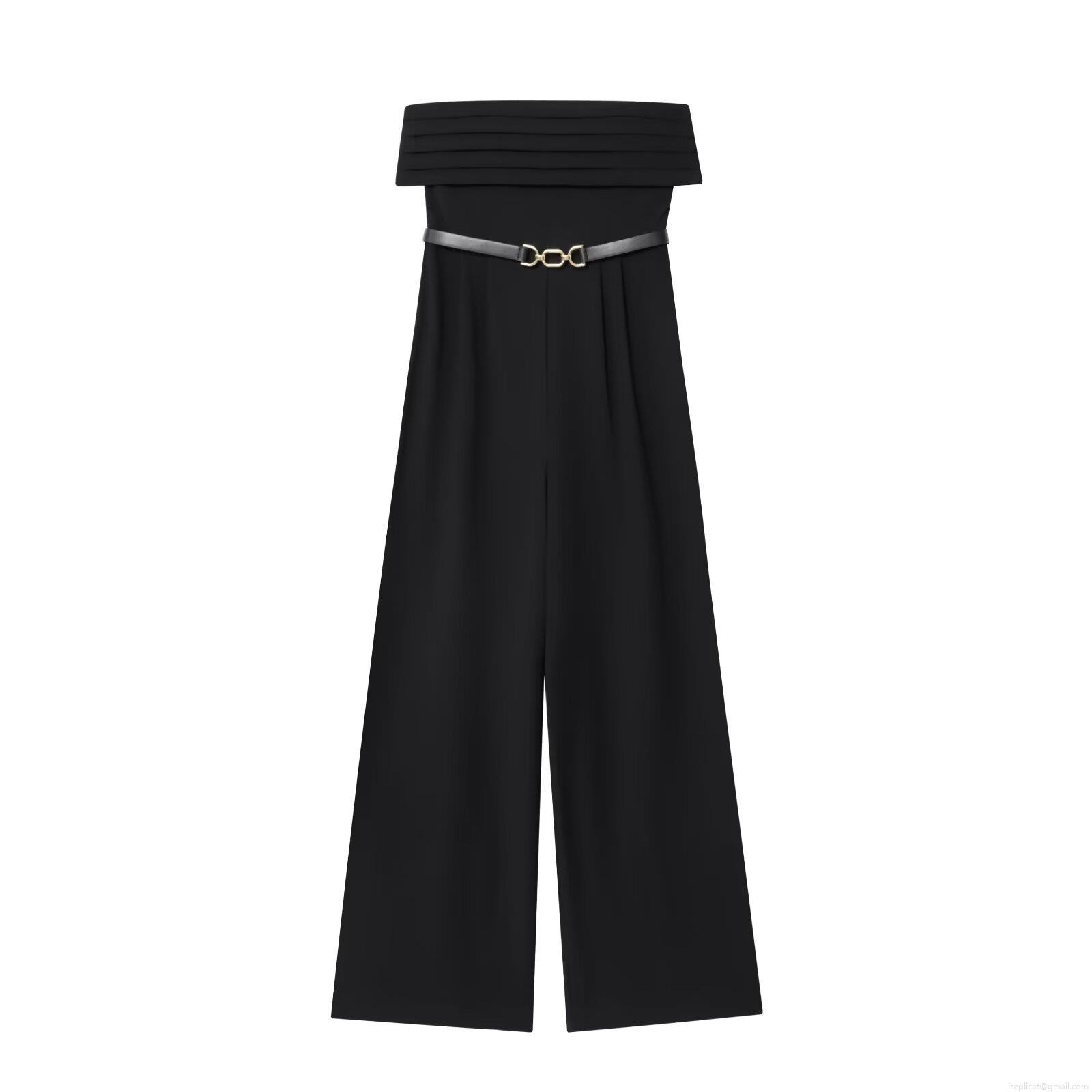 Women's Sexy Strapless Jumpsuit With Metal Buckle Belt Elegant High Waist Wide Leg Long Pants Romper For Evening Party Clubwear
