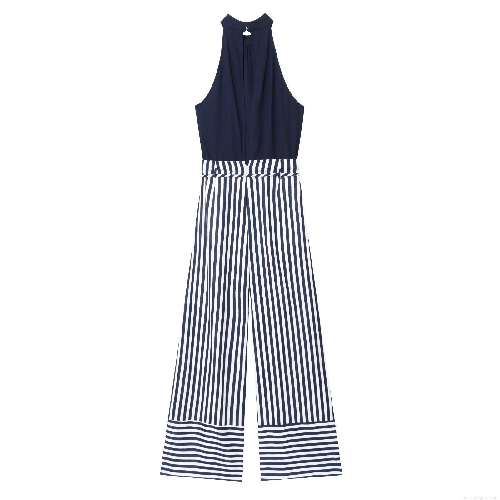 Women's Summer Halter Neck Sleeveless Jumpsuit Cotton Linen Blend Striped Wide Leg Long Pants Romper With Waist Tie Metal Beads Decoration For Vacation Party