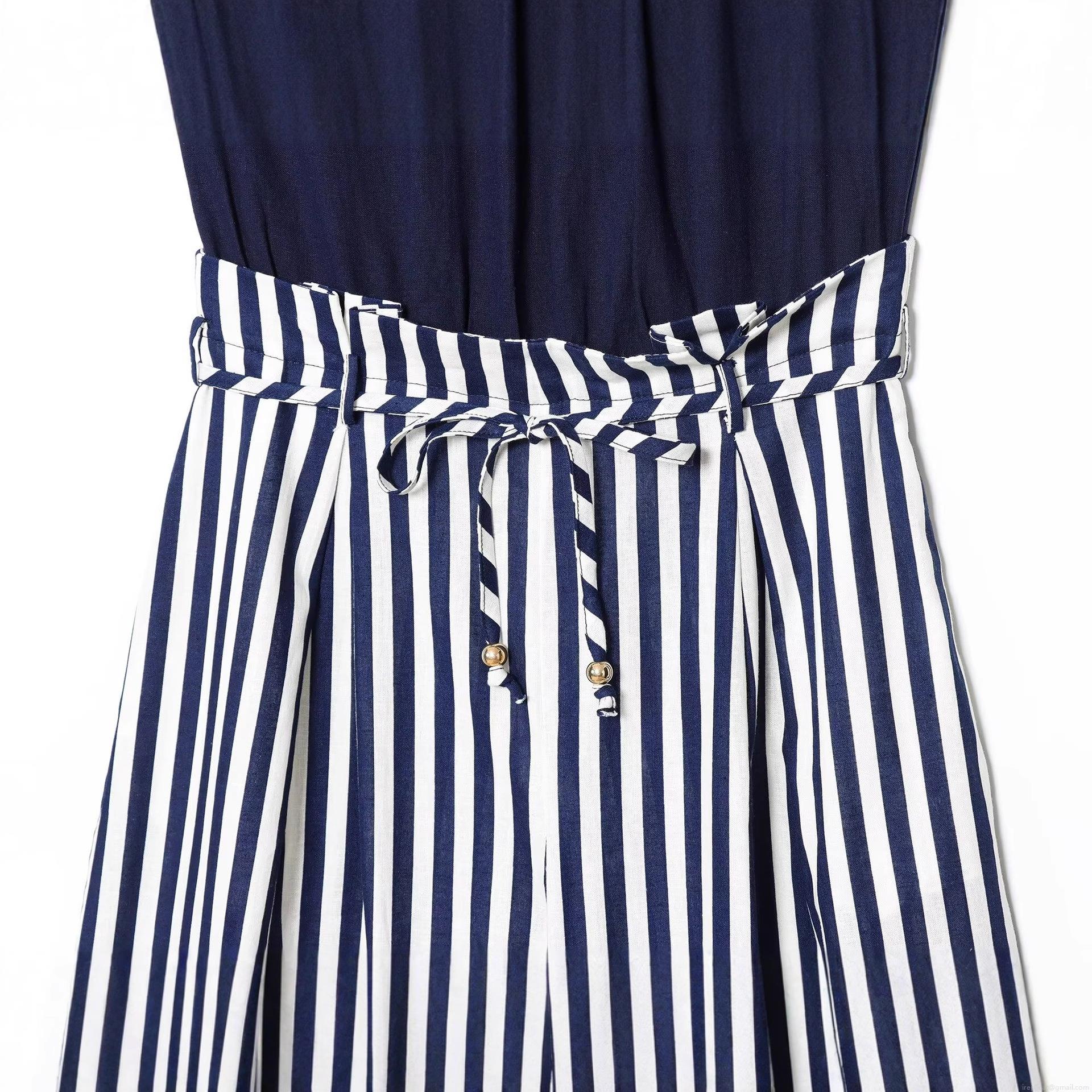 Women's Summer Halter Neck Sleeveless Jumpsuit Cotton Linen Blend Striped Wide Leg Long Pants Romper With Waist Tie Metal Beads Decoration For Vacation Party