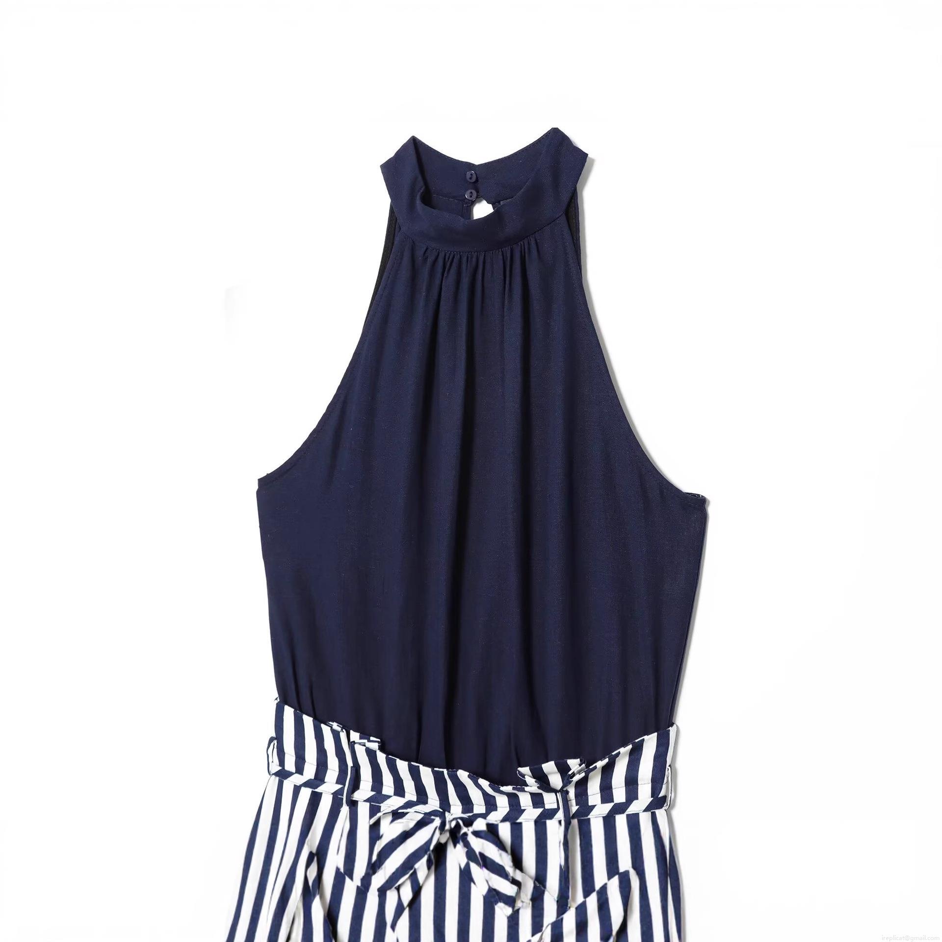 Women's Summer Halter Neck Sleeveless Jumpsuit Cotton Linen Blend Striped Wide Leg Long Pants Romper With Waist Tie Metal Beads Decoration For Vacation Party