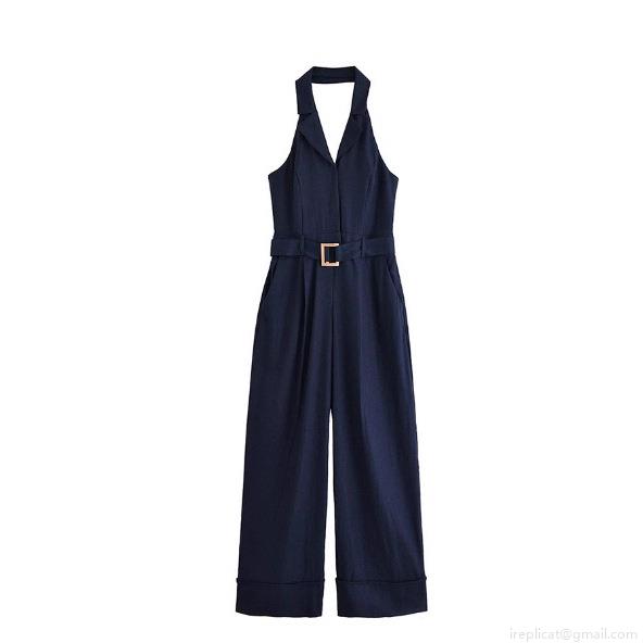 Women's Elegant Halter Neck Jumpsuit with Metal Buckle Belt Lapel Collar Sleeveless High Waist Wide Leg Long Pants Modern Office Business Chic One-Piece Outfit