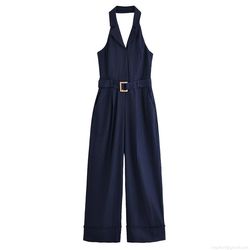 Women's Elegant Halter Neck Jumpsuit with Metal Buckle Belt Lapel Collar Sleeveless High Waist Wide Leg Long Pants Modern Office Business Chic One-Piece Outfit