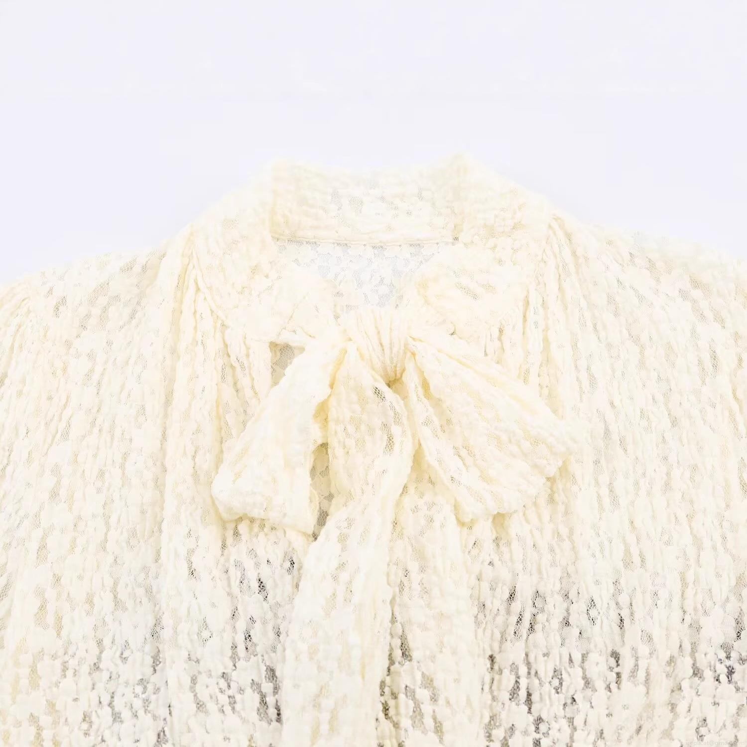 Women Elegant Lace Polyester Splicing Jumpsuit Bow Tie Neck Lantern Sleeve Contrast Color Hollow Out Short Romper for Party Date