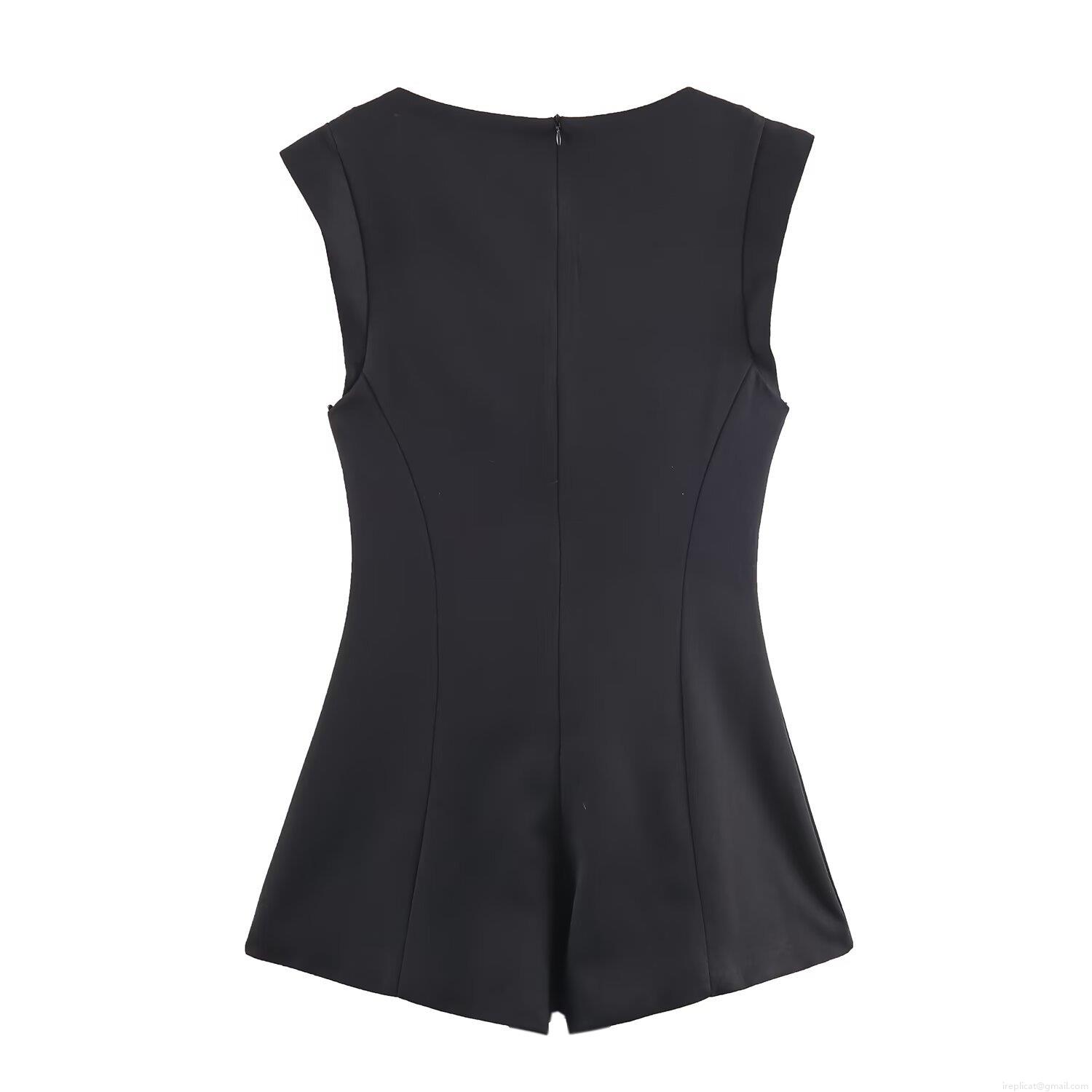 Women's Elegant Sleeveless Square Neck Short Jumpsuit Rhinestone Jewelry Buttons Slim Fit Cotton Blend One Piece Romper Summer Party Clubwear Black