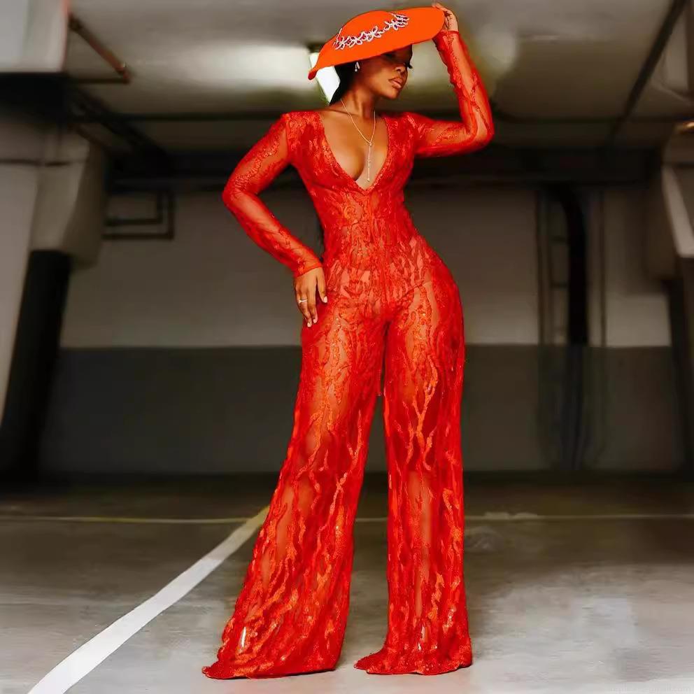 Women's Sexy Deep V-Neck Sequin Lace Jumpsuit Long Sleeve Wide Leg Party Evening Clubwear Romper Elegant High Waist One Piece Outfit