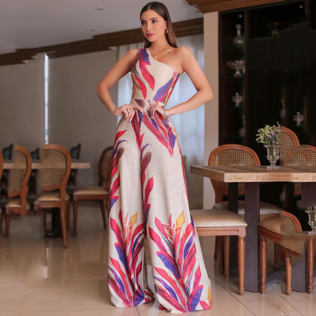 Women's One Shoulder Tropical Print Jumpsuit Sexy High Waist Wide Leg Long Pant Sleeveless Floral Romper For Summer Beach Vacation Party