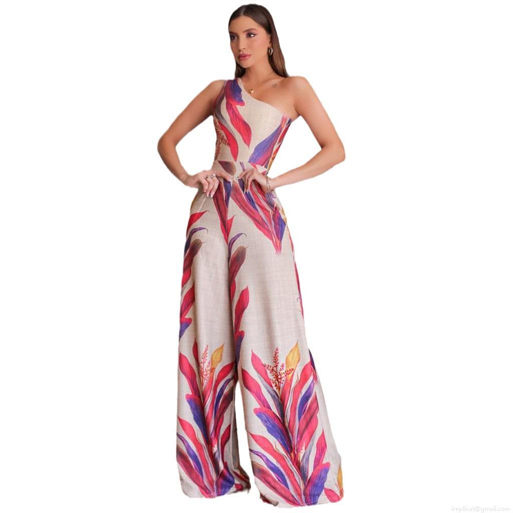 Women's One Shoulder Tropical Print Jumpsuit Sexy High Waist Wide Leg Long Pant Sleeveless Floral Romper For Summer Beach Vacation Party