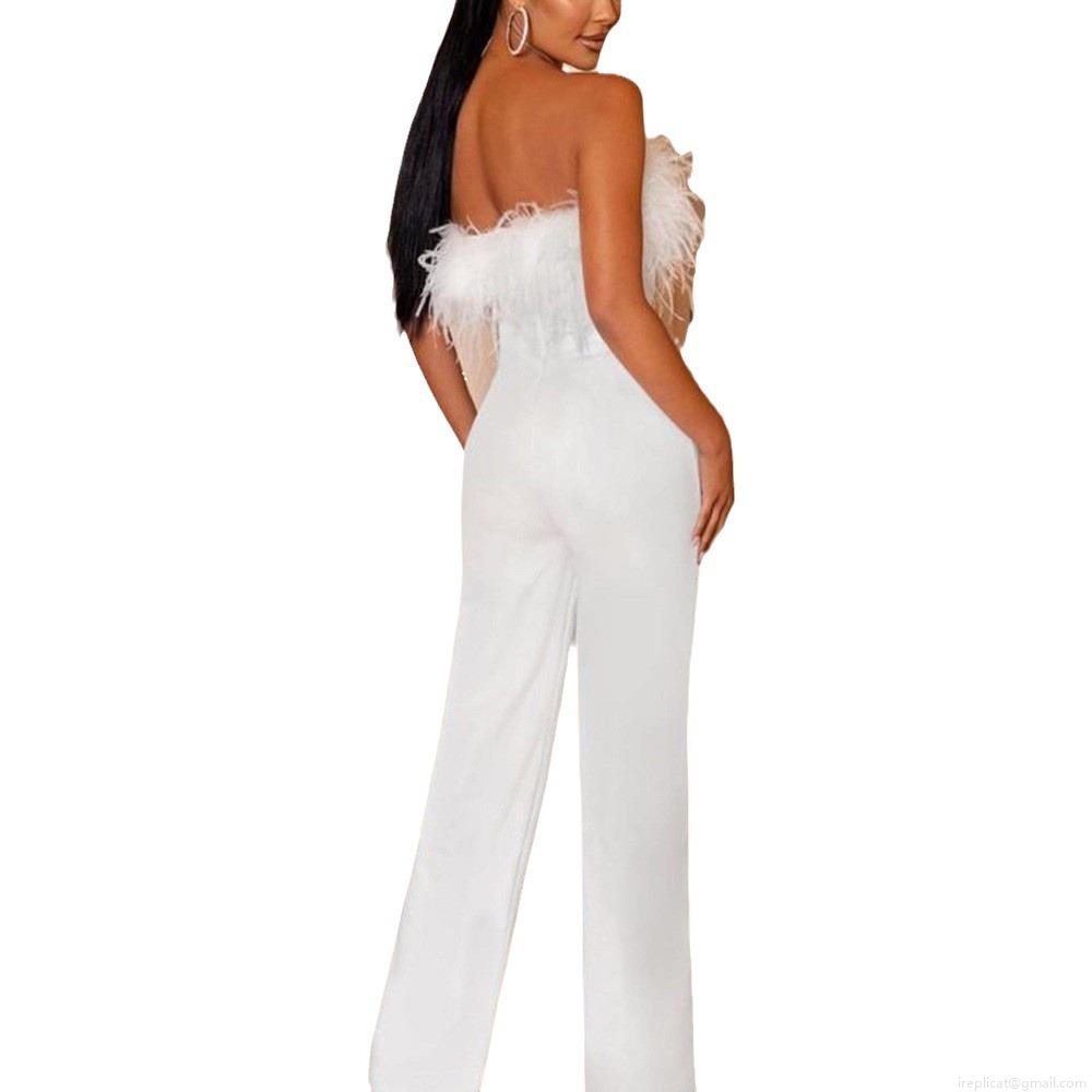 Women's Sexy Strapless Feather Trim Jumpsuit Backless Solid Color High Waist Wide Leg One-Piece Romper for Party Wedding Evening Elegant Commute Outfit
