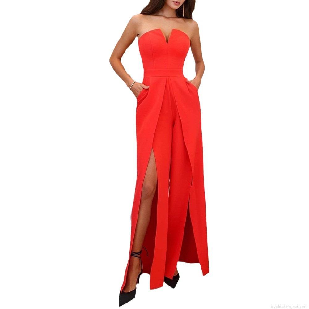 Women Sexy Strapless Deep V Neck Wide Leg Jumpsuit Elegant High Slit High Waist Cotton Blend Romper With Pockets For Party Evening Summer Vacation