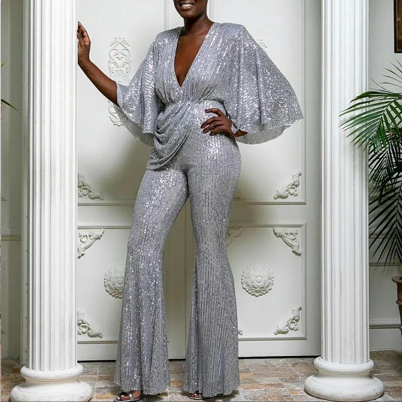 Women Sexy Deep V Neck Sequin Jumpsuit Wide Leg Long Pants Backless Butterfly Sleeve Elegant Evening Party Jumpsuits Romper