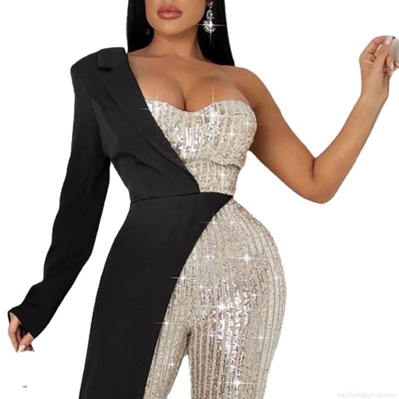 Elegant One Shoulder Sequin Jumpsuit Women Sexy Asymmetrical Suit Collar Splicing Wide Leg Romper Evening Party Formal Clubwear Jumpsuit