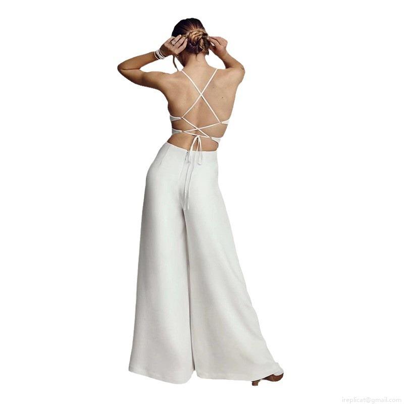 Women's Sexy White V Neck Backless Jumpsuit Spaghetti Strap Hollow Out High Waist Wide Leg Pant Romper Elegant Party Evening Wedding Outfit
