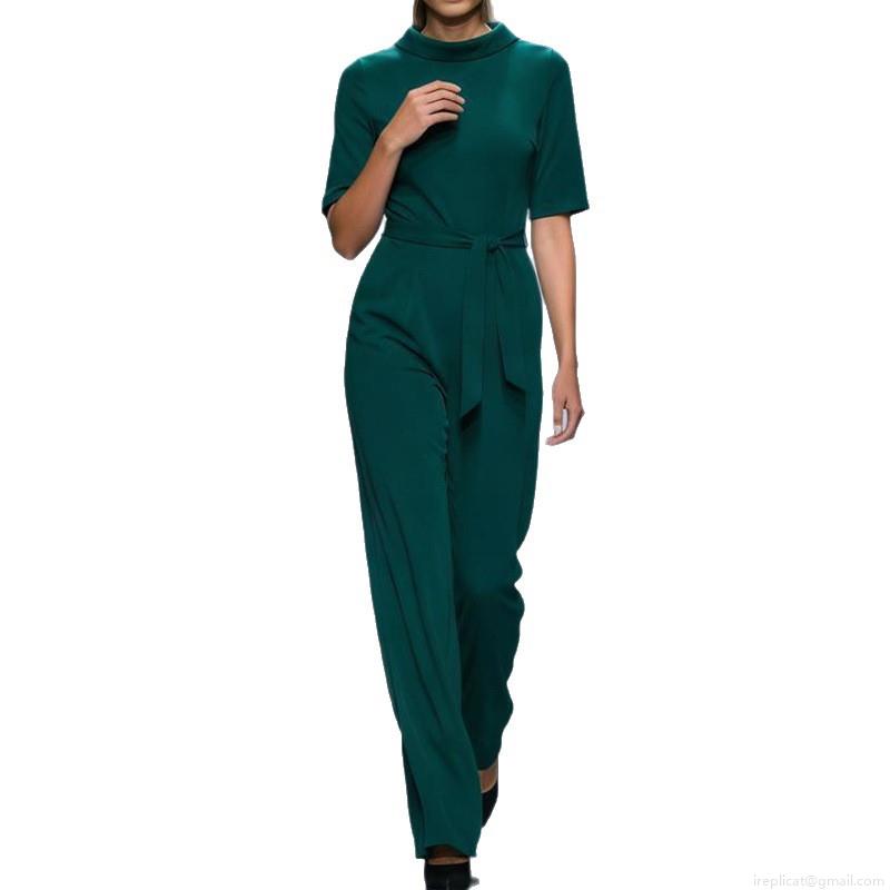 Women's Short Sleeve Lapel Jumpsuit Elegant Solid Color Waist Tie Wide Leg Jumpsuits Classic Commuter Style One Piece Romper Polyester Outfits