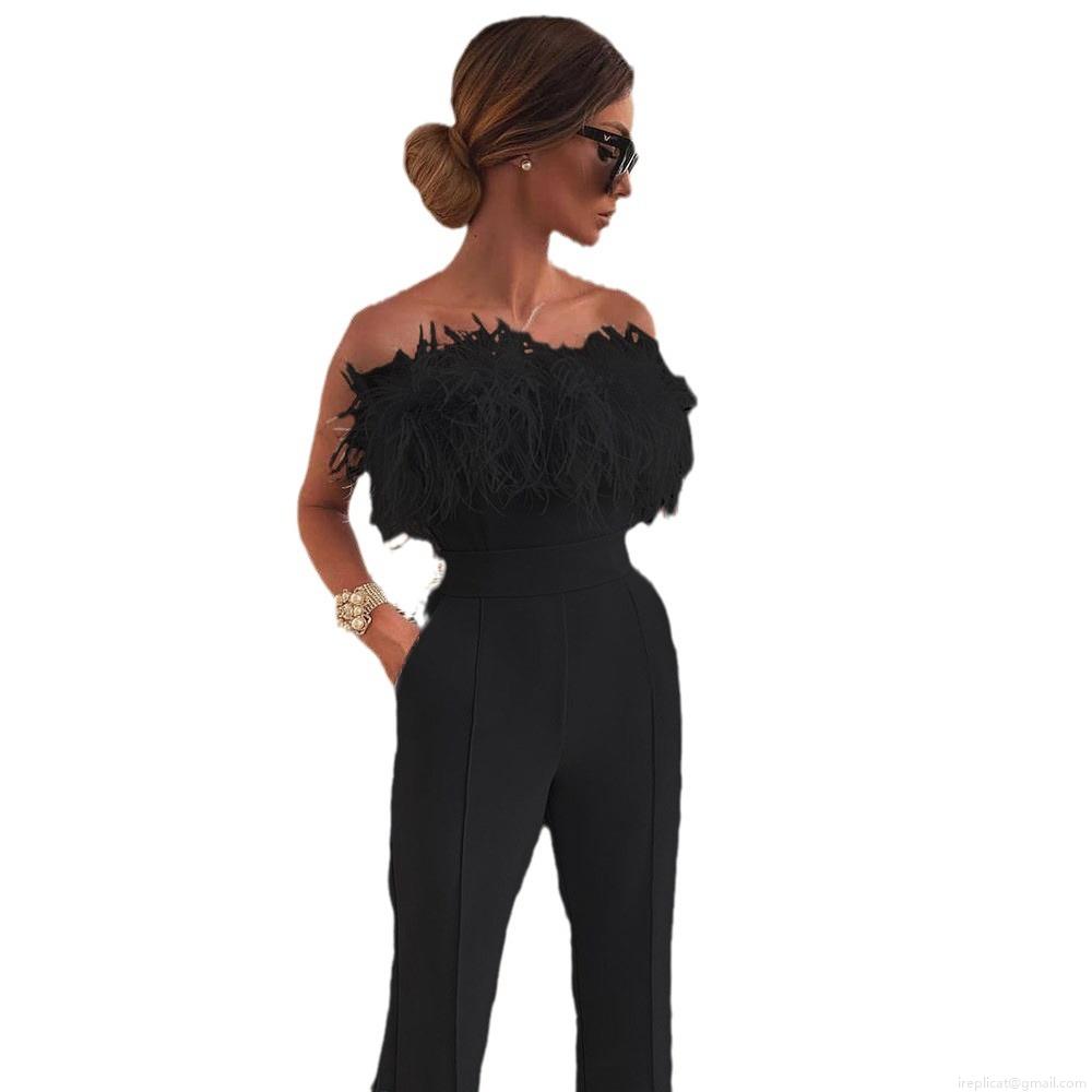 Women's Sexy Strapless Feather Trim Jumpsuit Elegant Solid Color High Waist Wide Leg Long Pant Bodysuit For Party Evening Summer Beach Clubwear