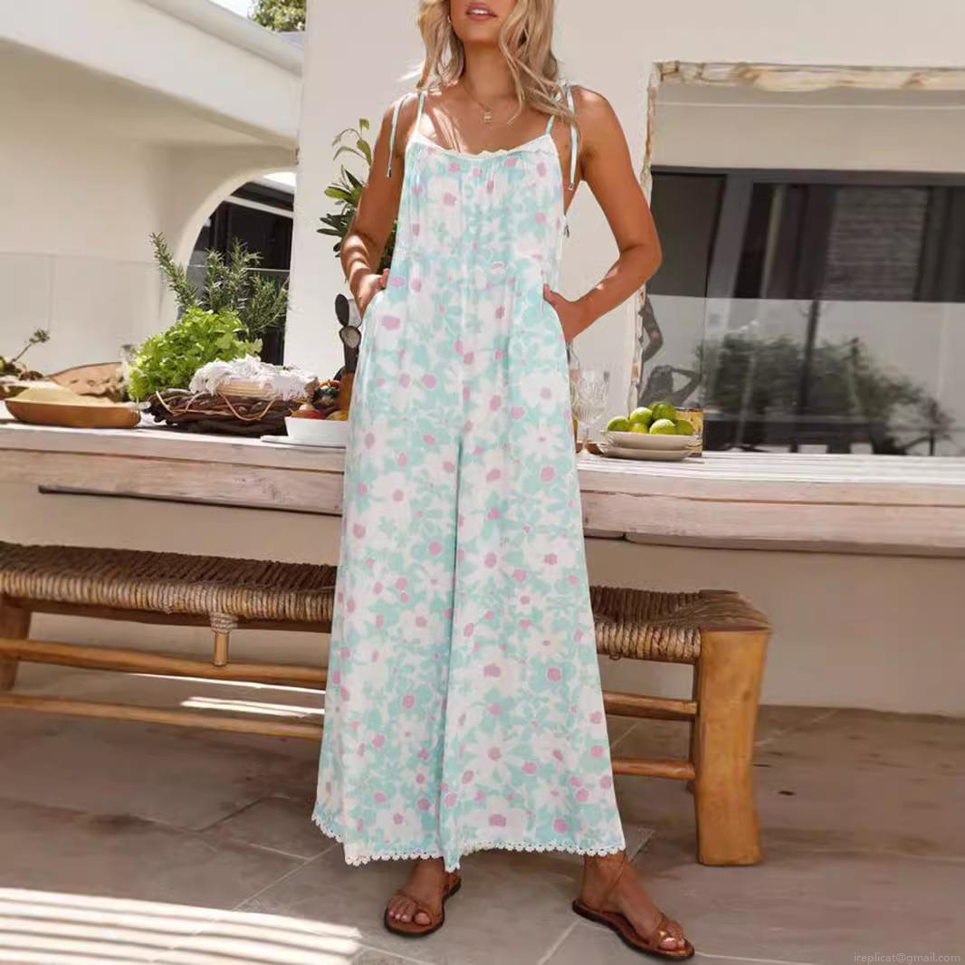 Women's Summer Floral Print Jumpsuit Polyester Backless Wide Leg Sleeveless Romper With Lace Trim For Beach Vacation