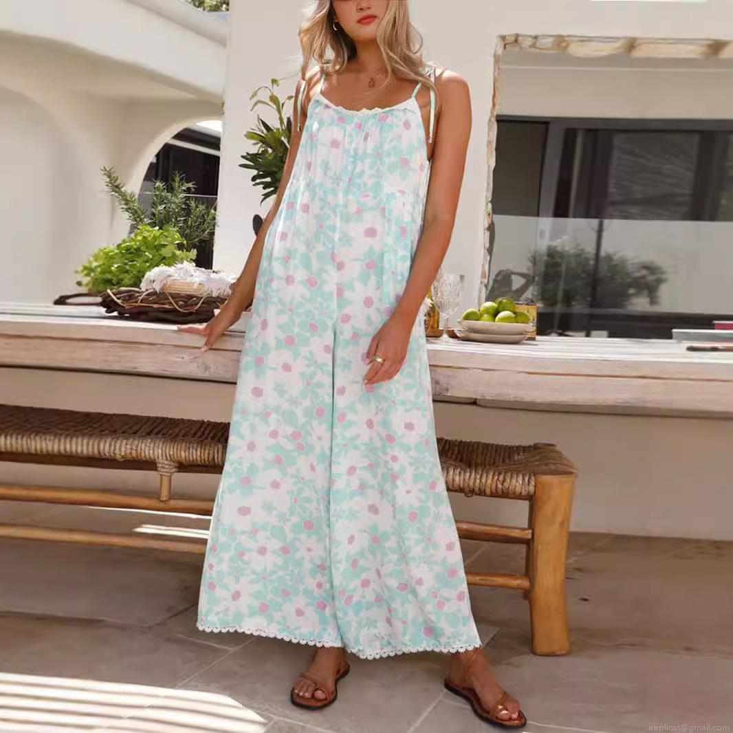 Women's Summer Floral Print Jumpsuit Polyester Backless Wide Leg Sleeveless Romper With Lace Trim For Beach Vacation