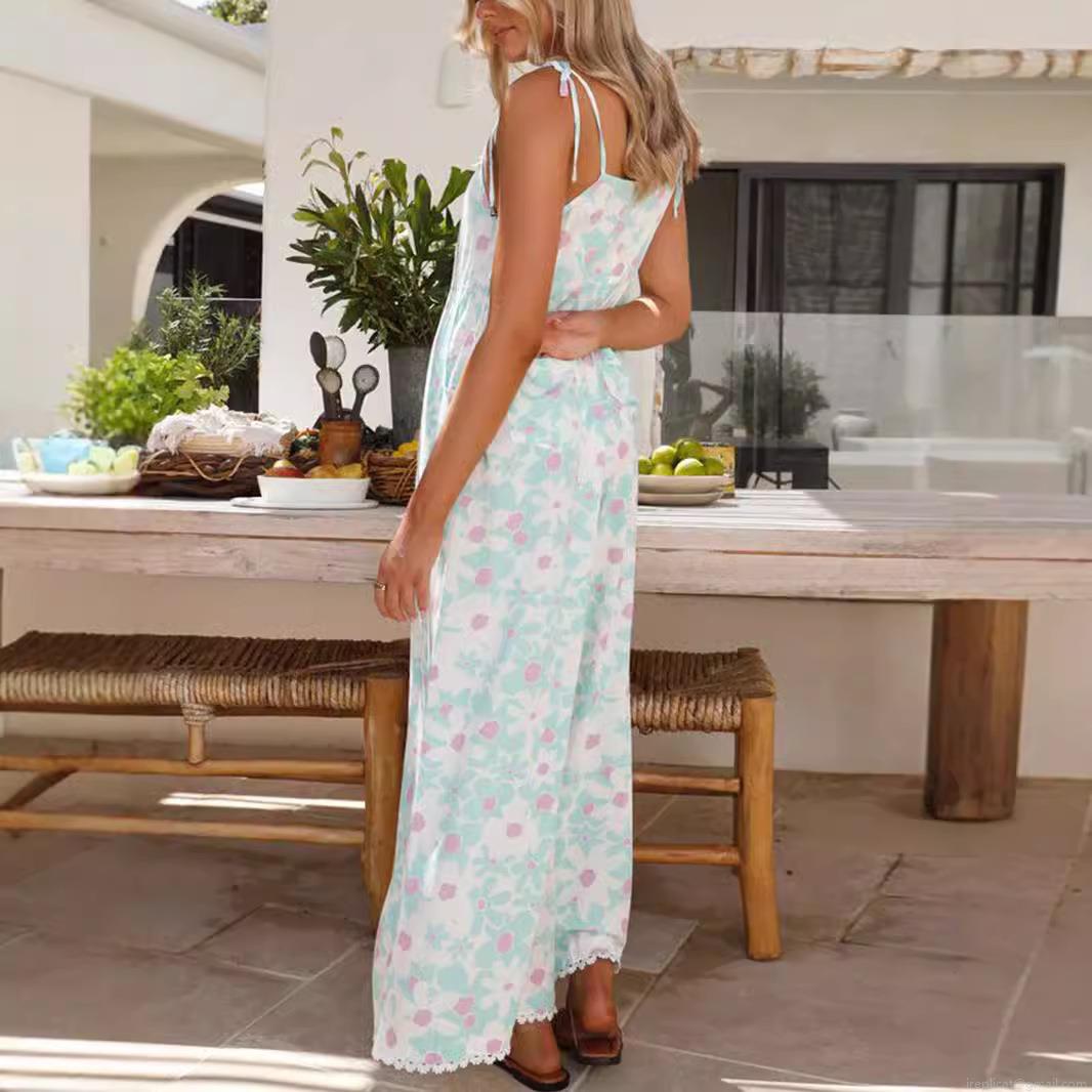 Women's Summer Floral Print Jumpsuit Polyester Backless Wide Leg Sleeveless Romper With Lace Trim For Beach Vacation