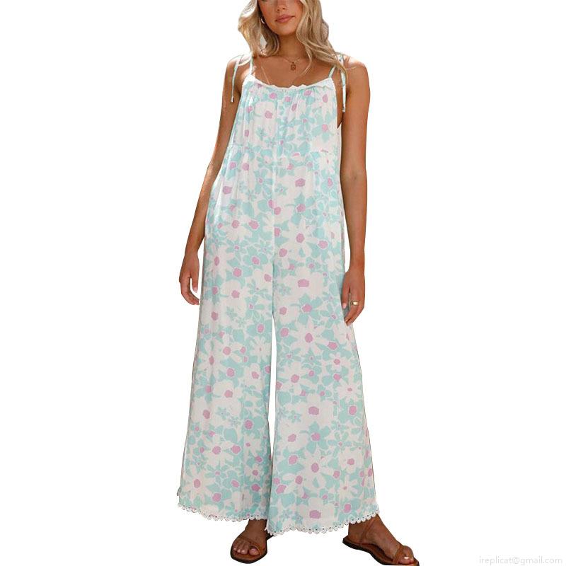 Women's Summer Floral Print Jumpsuit Polyester Backless Wide Leg Sleeveless Romper With Lace Trim For Beach Vacation