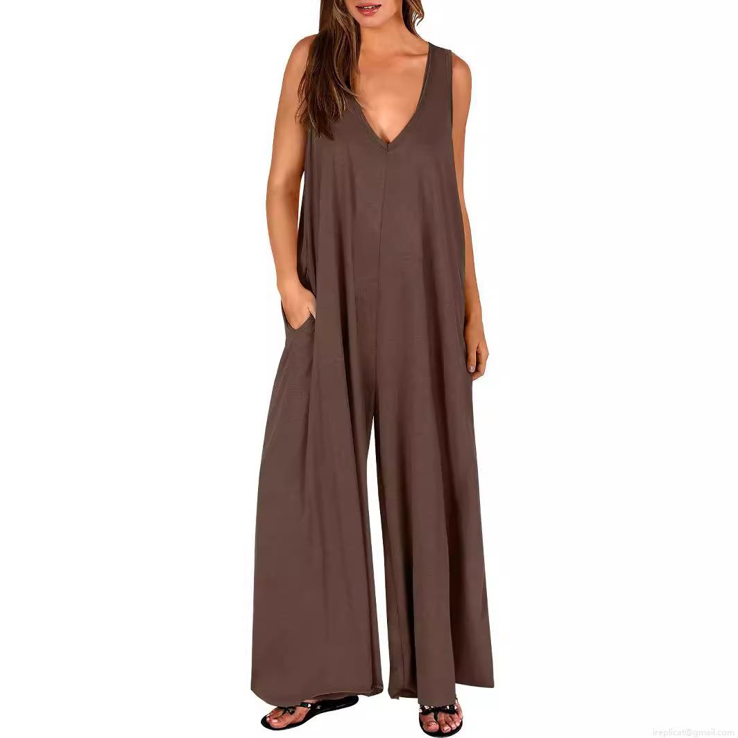 Women's Casual Summer V Neck Sleeveless Jumpsuit Polyester Spandex Wide Leg Jumpsuits With Pockets Fashion Loose Beach Vacation Romper For Ladies