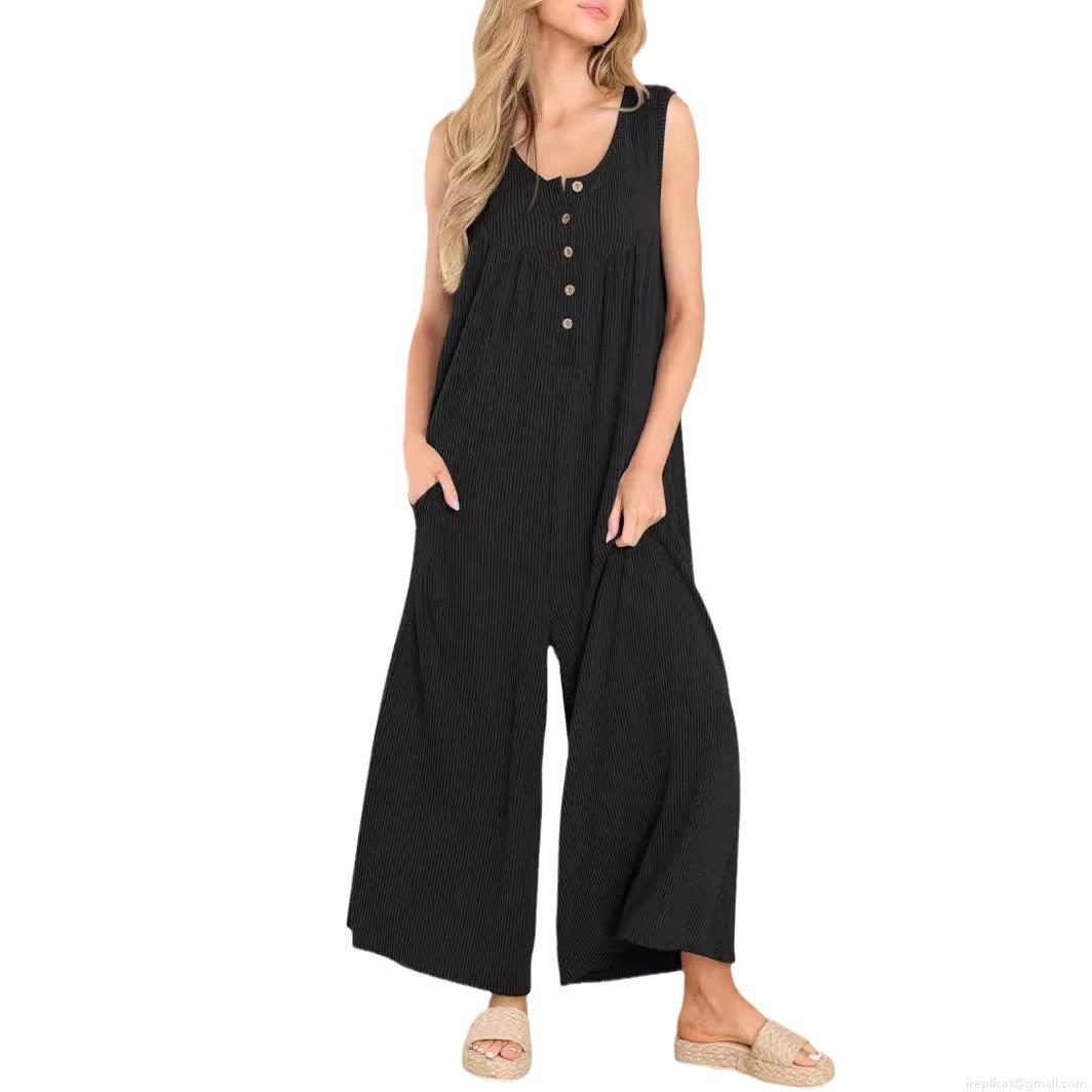Women's Sleeveless Jumpsuit Ribbed Knit Wide Leg Romper With Pockets Button Front Crew Neck Casual One Piece Long Pant Jumpsuit For Women Summer Vacation