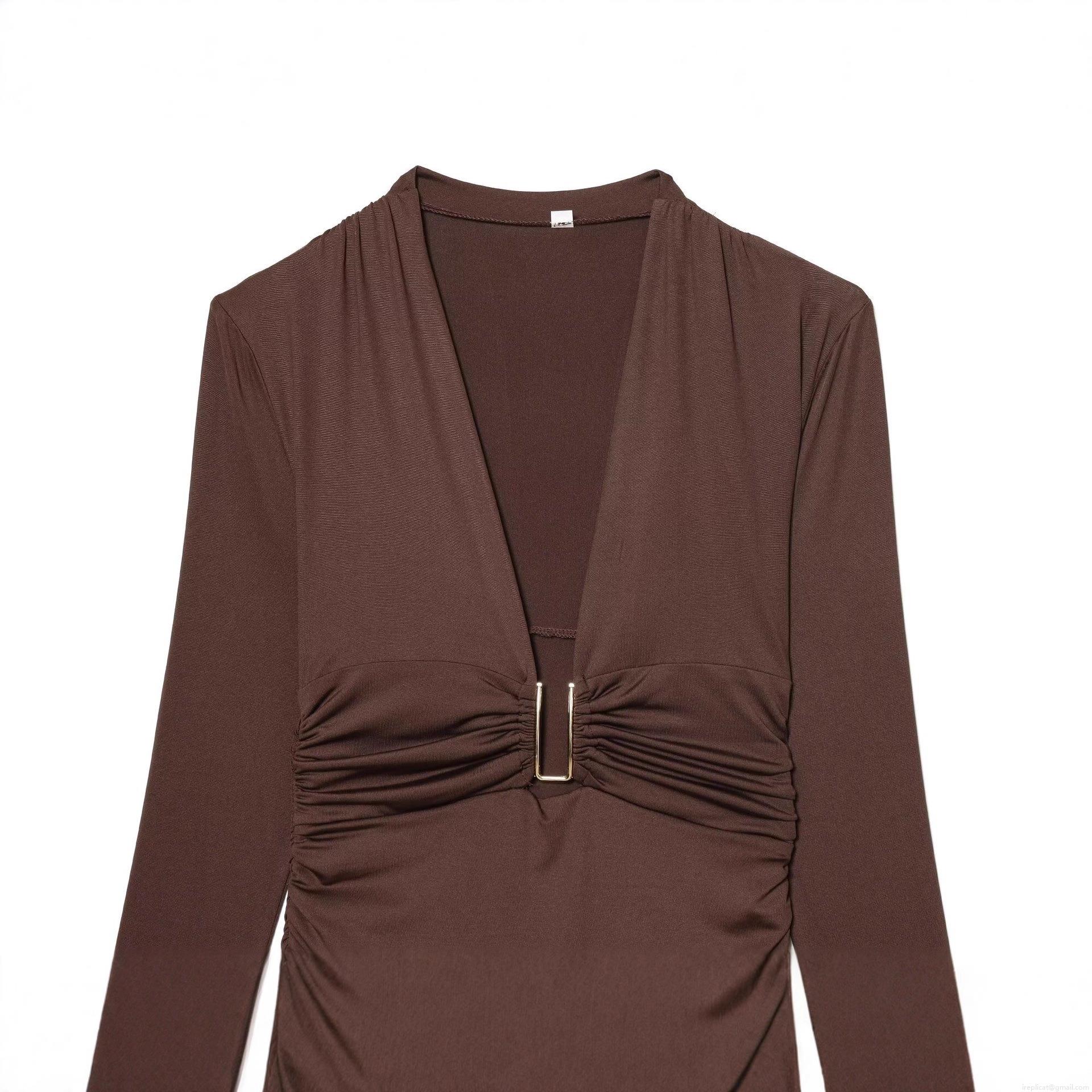 Women's Sexy Deep V-Neck Long Sleeve Ruched Bodysuit With Gold U-Shaped Metal Buckle Solid Color Slim Fit Streetwear Polyester Jumpsuit Top