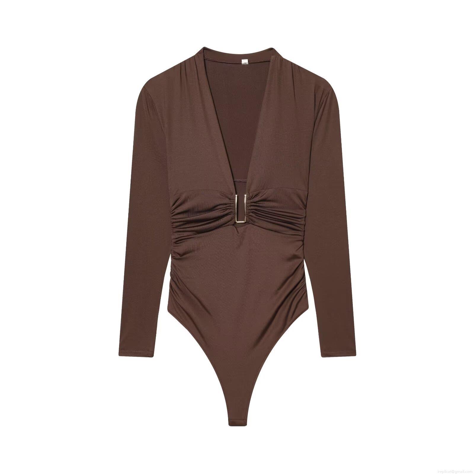 Women's Sexy Deep V-Neck Long Sleeve Ruched Bodysuit With Gold U-Shaped Metal Buckle Solid Color Slim Fit Streetwear Polyester Jumpsuit Top