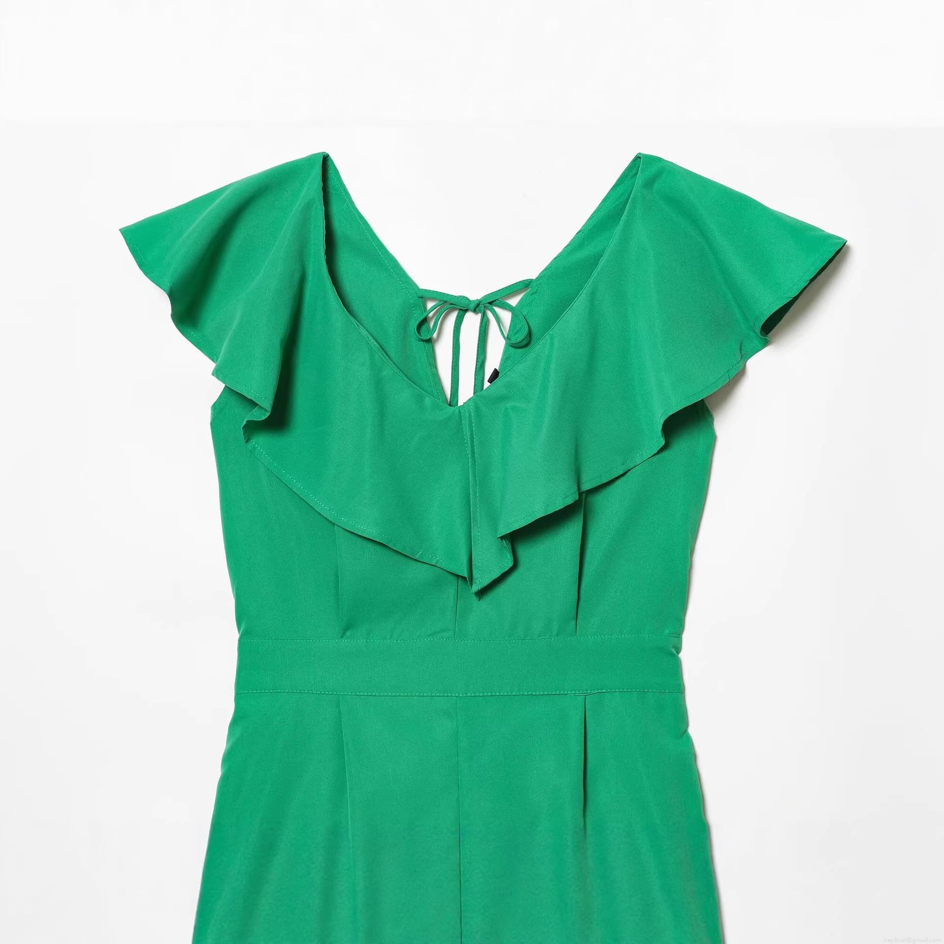 Women Summer Casual V-Neck Ruffle Romper With Back Tie Fashion Solid Color Short Sleeve Jumpsuit For Street Vacation Party Green