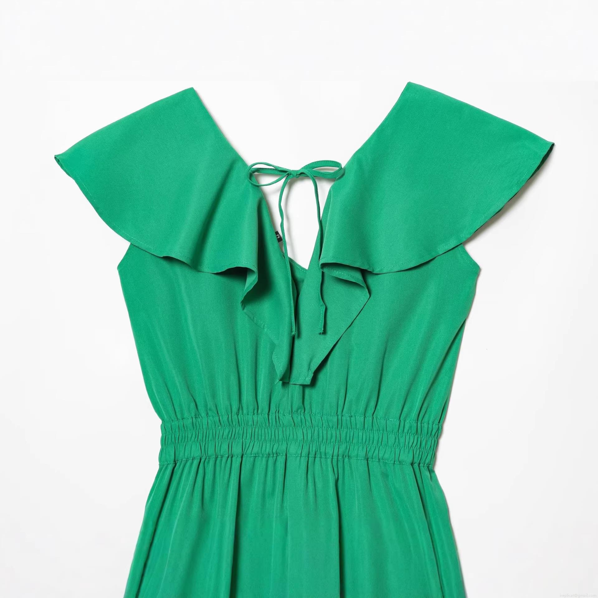 Women Summer Casual V-Neck Ruffle Romper With Back Tie Fashion Solid Color Short Sleeve Jumpsuit For Street Vacation Party Green