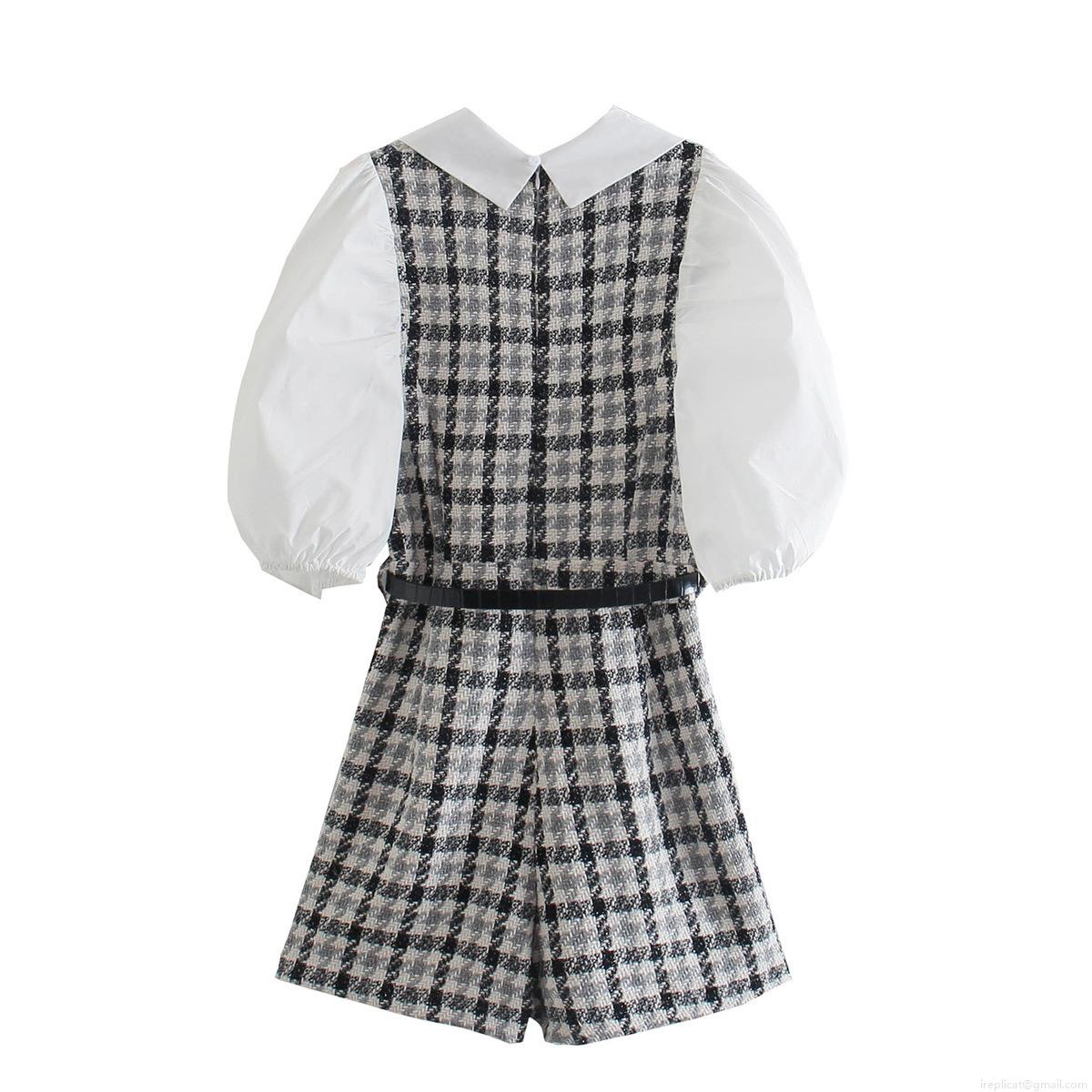 Women Vintage Plaid Romper Long Puff Sleeve Peter Pan Collar Jumpsuit With Belt Tweed Patchwork One Piece Short Pant Set Elegant Fashion Streetwear