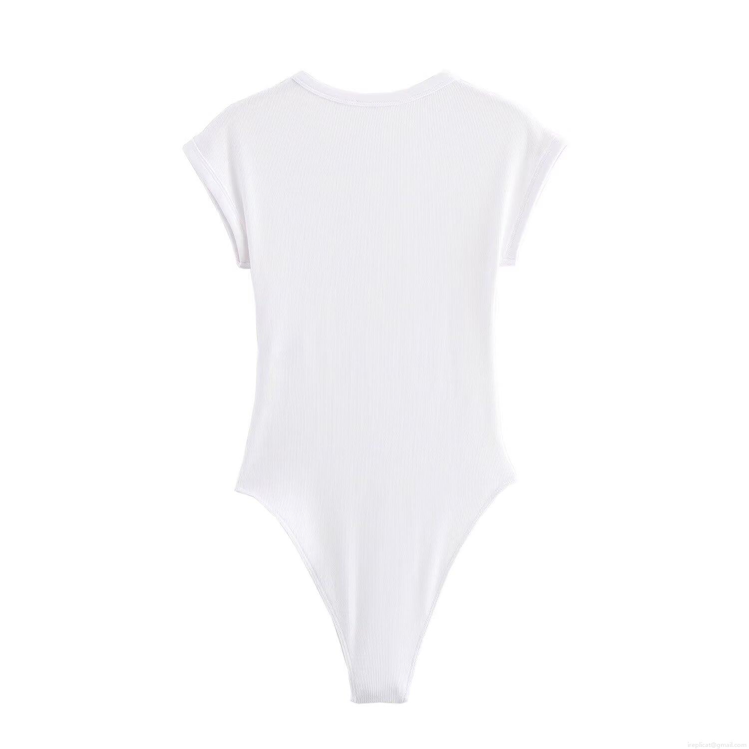 Fashion Women's Ribbed Knit Bodysuit Round Neck Raglan Short Sleeve Pullover Slim Fit One Piece Jumpsuit With Snap Bottom For Casual Streetwear