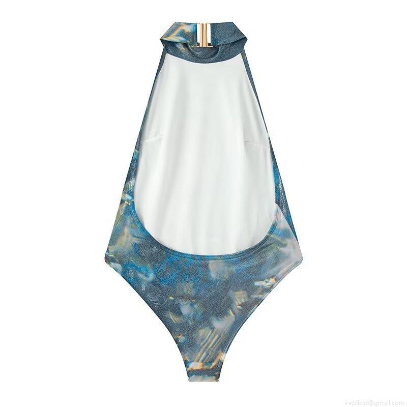 Women's Metallic Glossy Fluid Print Mock Neck Bodysuit Sleeveless Backless High Cut Jumpsuit One-Piece Streetwear Party Clubwear Beachwear For Women