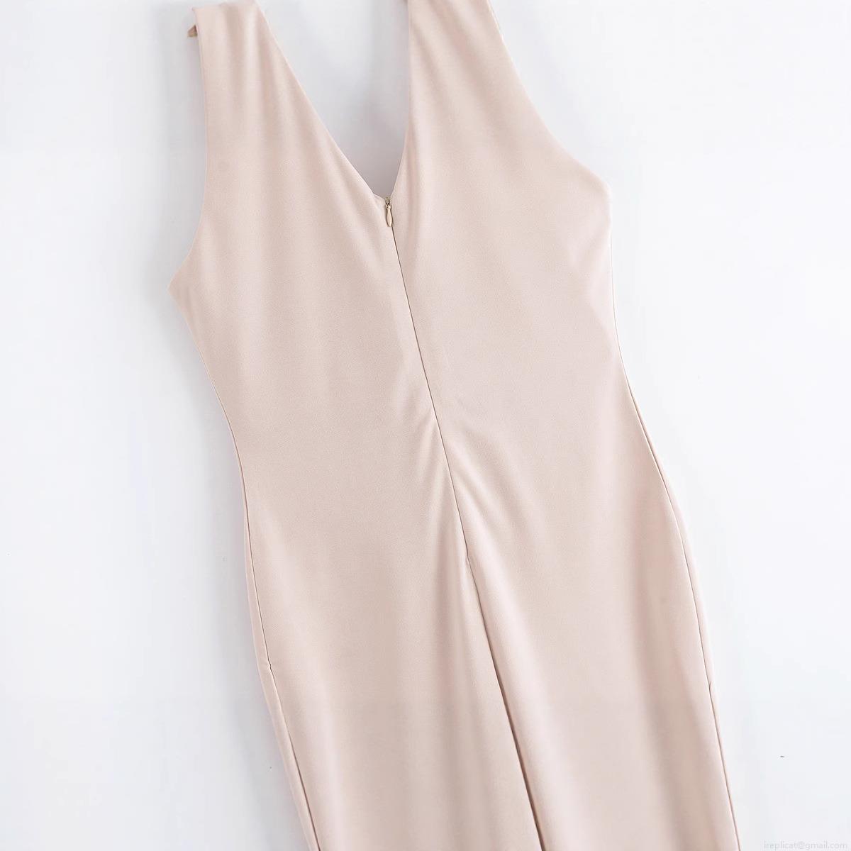 Women Halter Deep V Neck Backless Jumpsuit Woven Polyester Sleeveless High Waist Slim Fit Flare Leg Solid Color Sexy One Piece Romper Streetwear Summer Elegant Bodysuit Khaki