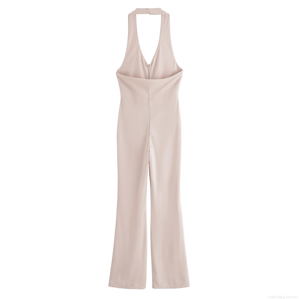 Women Halter Deep V Neck Backless Jumpsuit Woven Polyester Sleeveless High Waist Slim Fit Flare Leg Solid Color Sexy One Piece Romper Streetwear Summer Elegant Bodysuit Khaki
