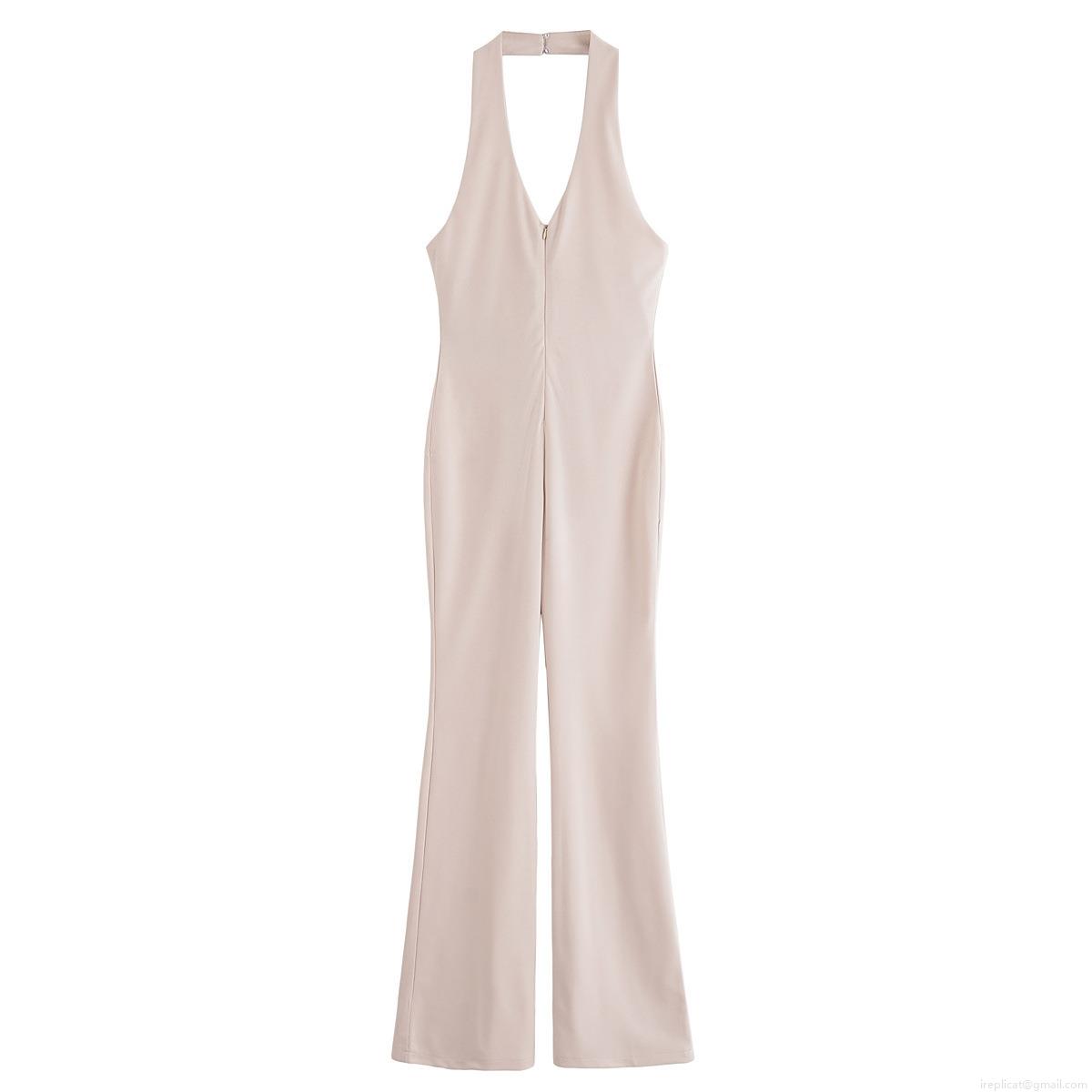 Women Halter Deep V Neck Backless Jumpsuit Woven Polyester Sleeveless High Waist Slim Fit Flare Leg Solid Color Sexy One Piece Romper Streetwear Summer Elegant Bodysuit Khaki