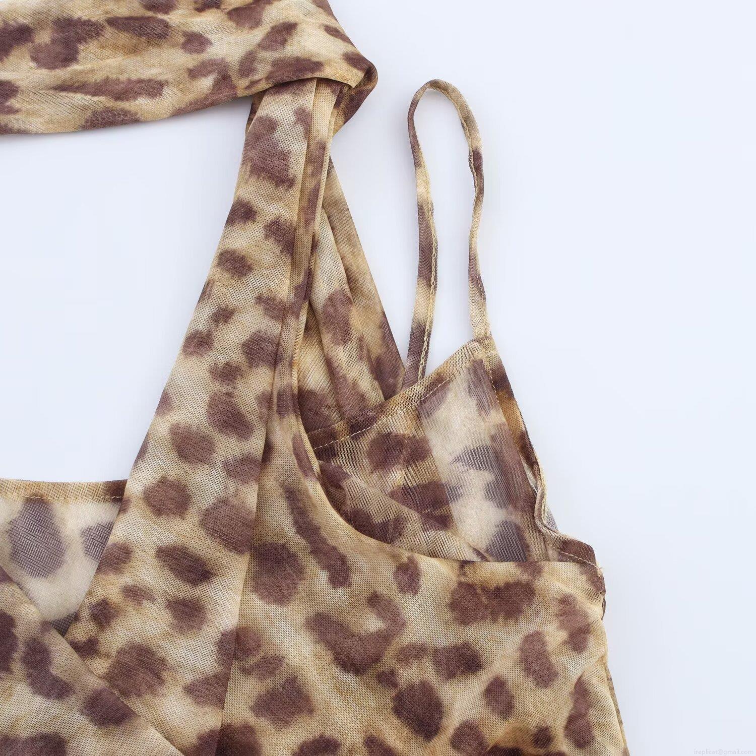 Women Sexy Leopard Print Mesh Bodysuit Halter One Shoulder Sleeveless Slim Fit Jumpsuit For Summer Club Party Streetwear Slimming Romper