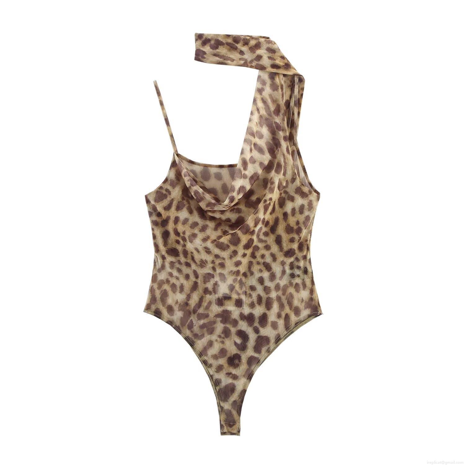 Women Sexy Leopard Print Mesh Bodysuit Halter One Shoulder Sleeveless Slim Fit Jumpsuit For Summer Club Party Streetwear Slimming Romper