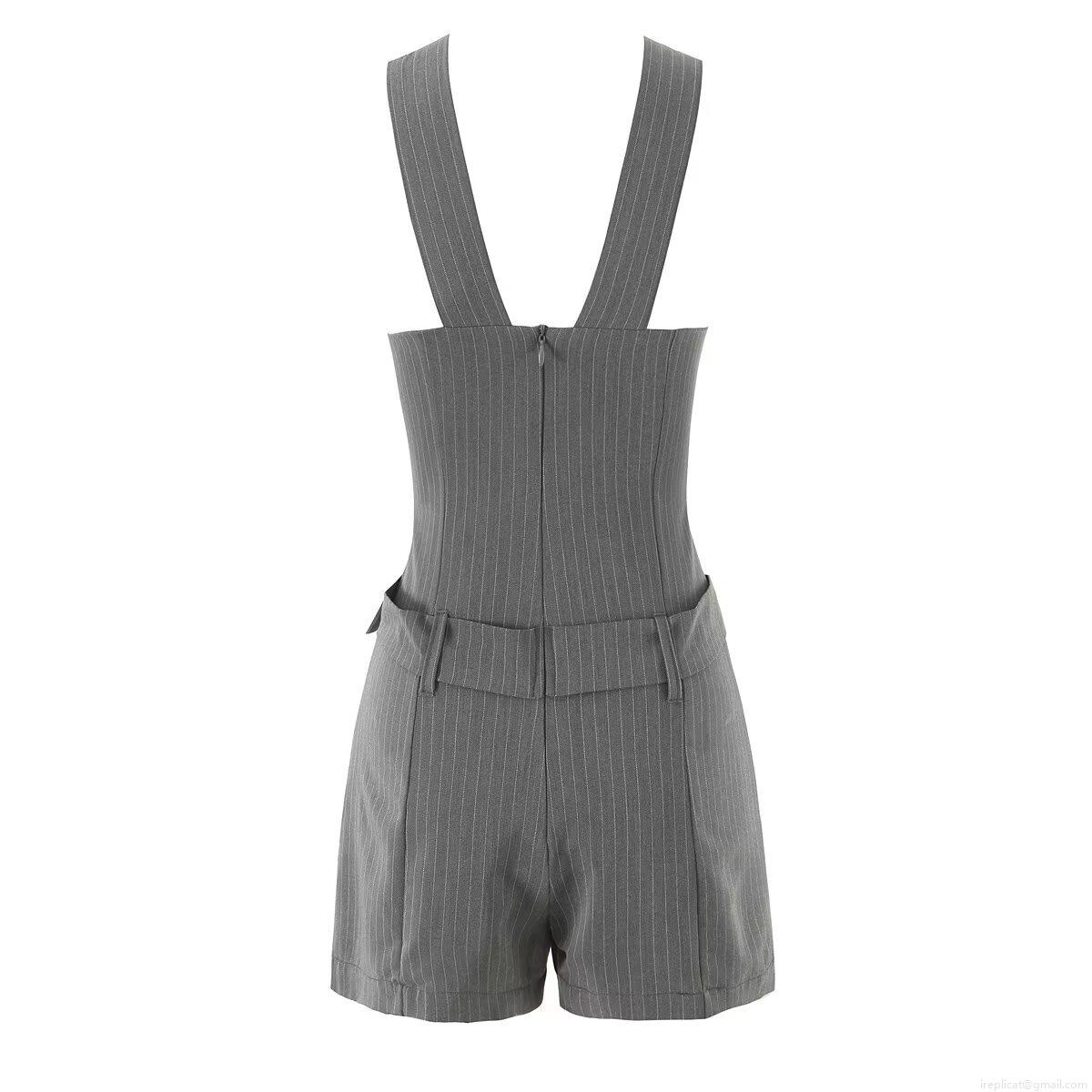 Women's Striped Sleeveless Romper V-Neck Short Jumpsuit With Belt Summer Casual Streetwear One-Piece Outfit Polyester Blend Gray Pinstripe Romper For Ladies