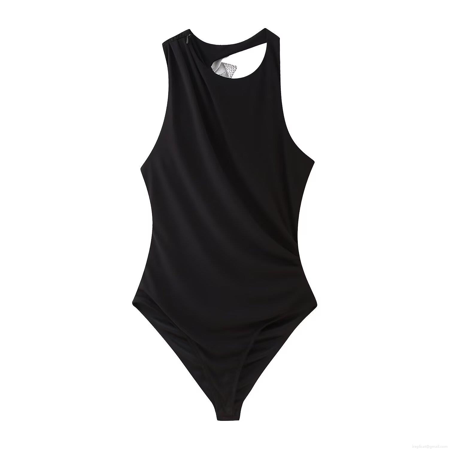Women's Sexy Backless Bodysuit Rhinestone Bow Halter Neck Jumpsuit Polyester Slim Fit Sleeveless Party Clubwear Black